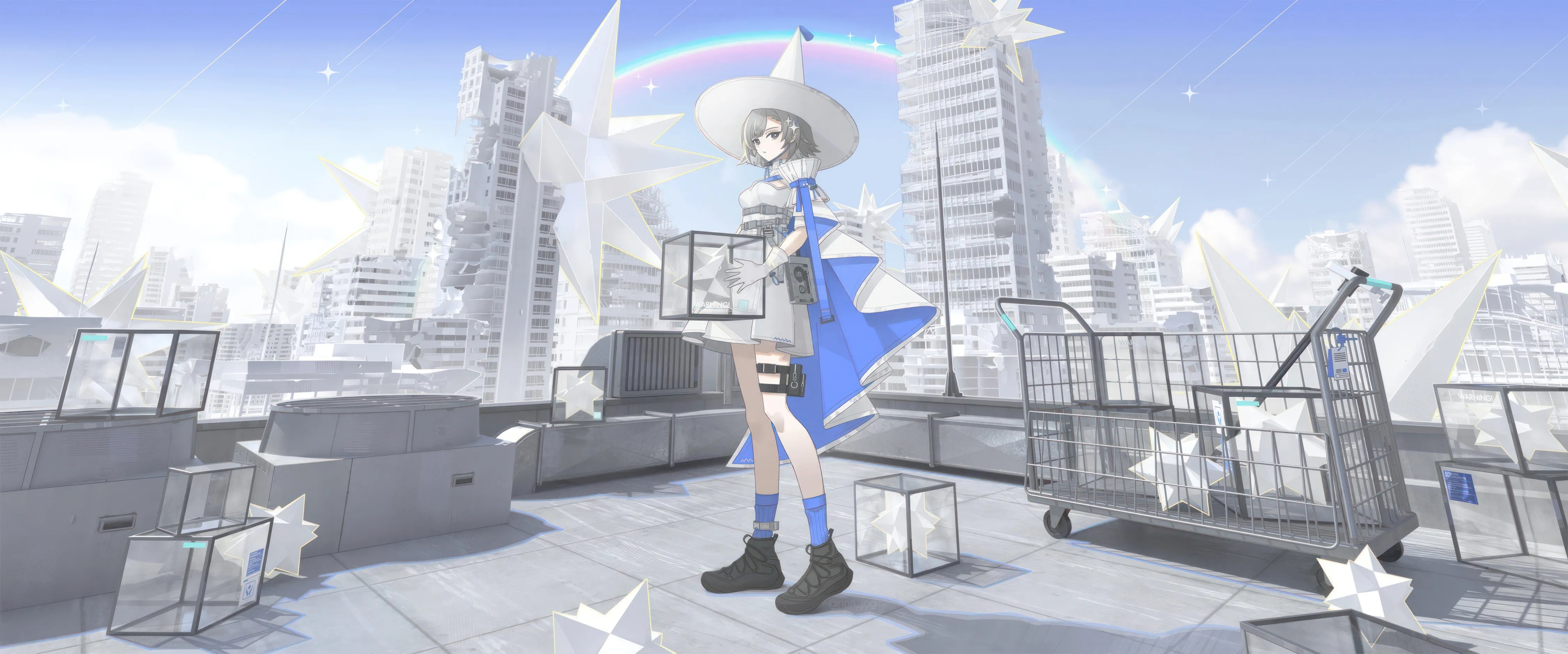 Anime 4500x1876 anime girls anime city cape hat feather dress rooftops