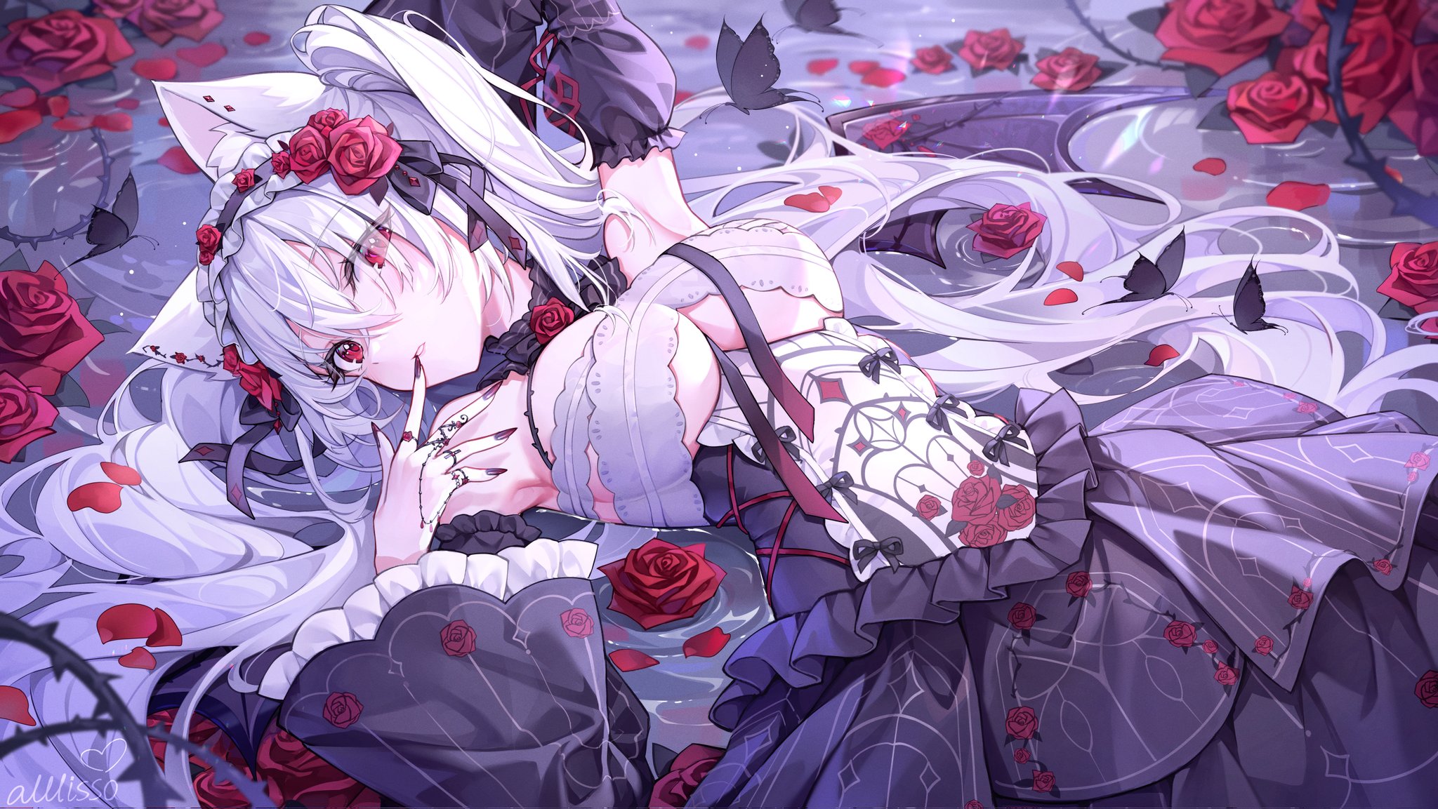 Anime 2048x1153 Katsuna (Vtuber) flowers indie virtual youtuber rose Virtual Youtuber big boobs lying down looking up looking at viewer petals high angle gothic lolita animal ears long sleeves hair over one eye water detached sleeves armpits hair ornament cat ears in water frills rings Alllisso vines dress