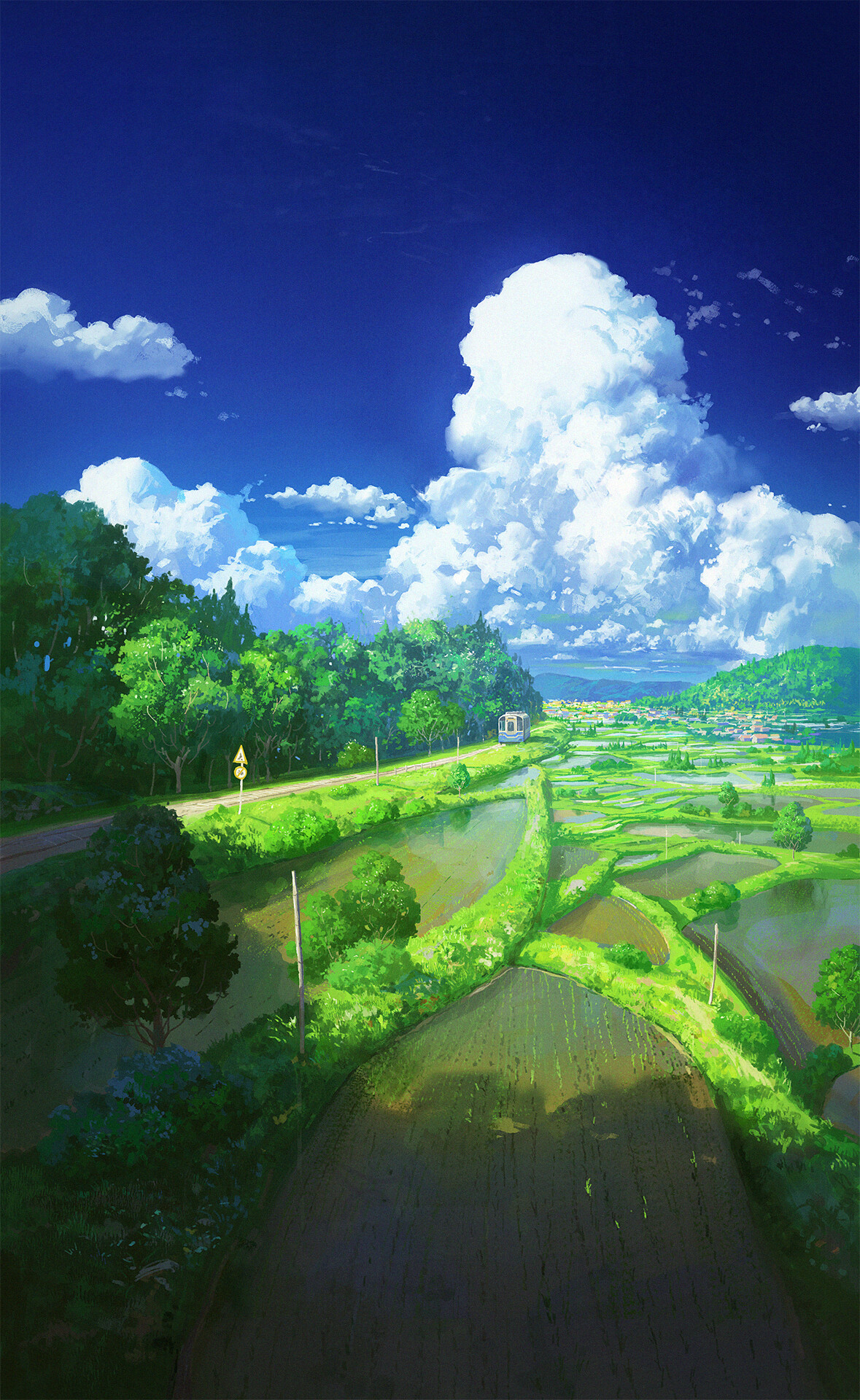 Anime 1179x1920 trees rice fields clouds Cyclecircle sky nature
