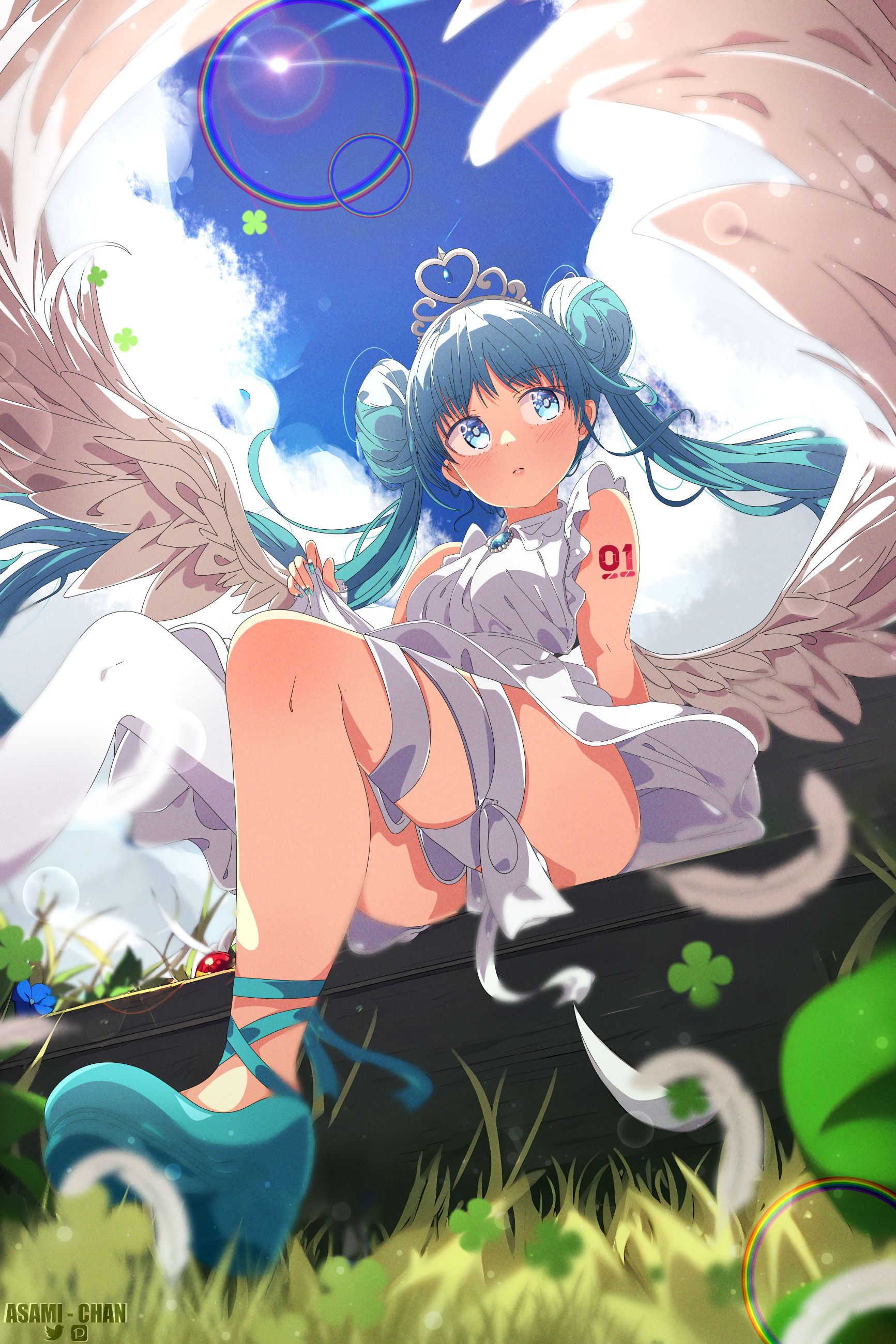 Anime 1733x2600 Vocaloid Hatsune Miku portrait display long hair looking sideways wings white dress blue shoes low-angle blue hair closed mouth clouds hairbun angel wings clovers Asami-chan lens flare sleeveless worm's eye view crown thighs dress sky grass sitting leaves