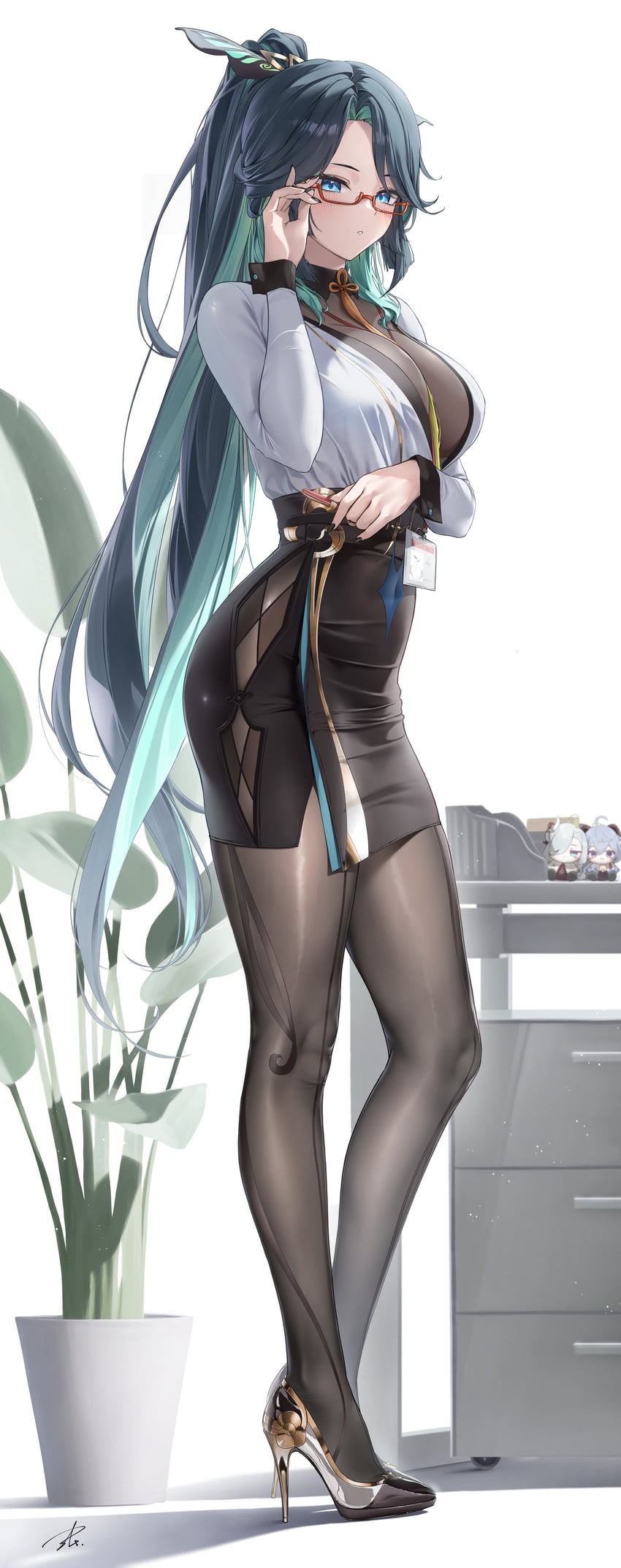 Anime 850x2145 Genshin Impact office girl portrait display long hair Xianyun (Genshin Impact) looking at viewer glasses black pantyhose ponytail white background heels simple background plants alternate costume dress two tone hair high heels tight clothing long sleeves big boobs green hair signature blue eyes Yabacha pantyhose desk standing