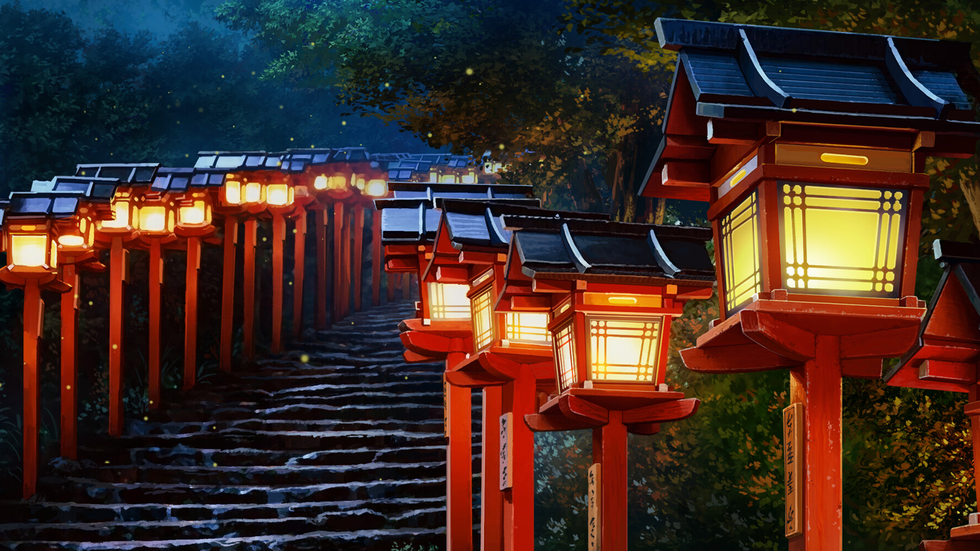General 1920x1080 lantern japanese letters night trees stairs fireflies path moonlight stone stairs digital art