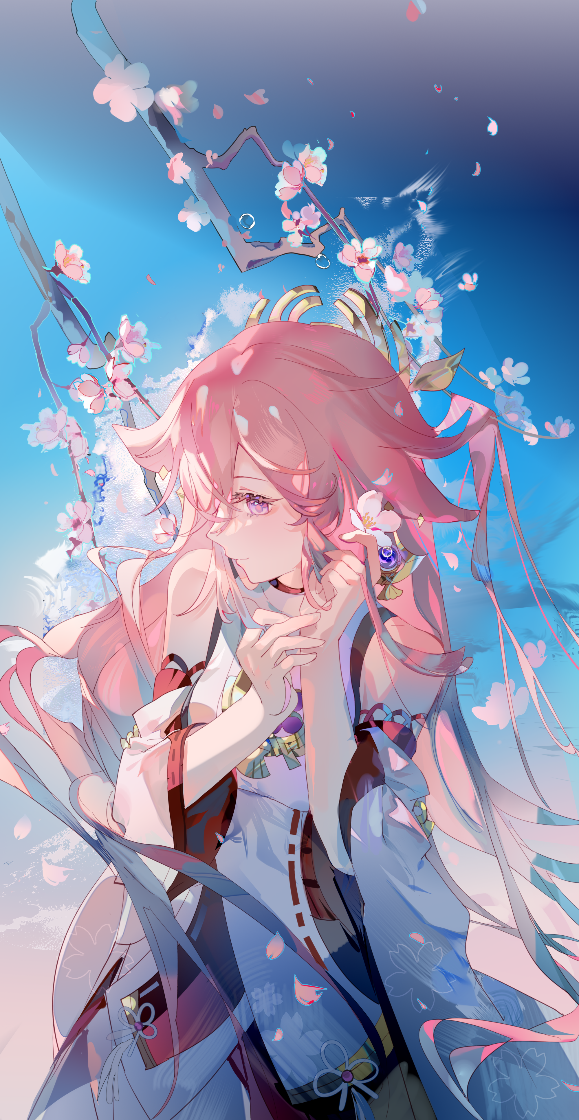 Anime 2000x3871 Genshin Impact flowers portrait display pink hair Yae Miko (Genshin Impact) long hair hair ornament Haochilanzuo pink eyes cherry blossom branch anime girls purple eyes wide sleeves long sleeves bare shoulders petals detached sleeves tassels closed mouth smiling