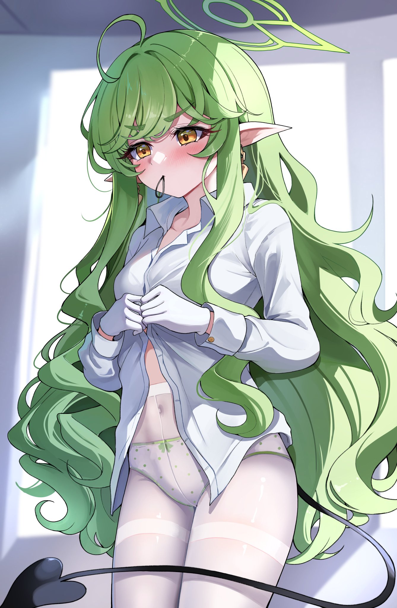 Anime 1338x2048 Blue Archive Highlander Sidelocks Conductor (Blue Archive) blushing pants tail green hair pointy ears white pantyhose Sak