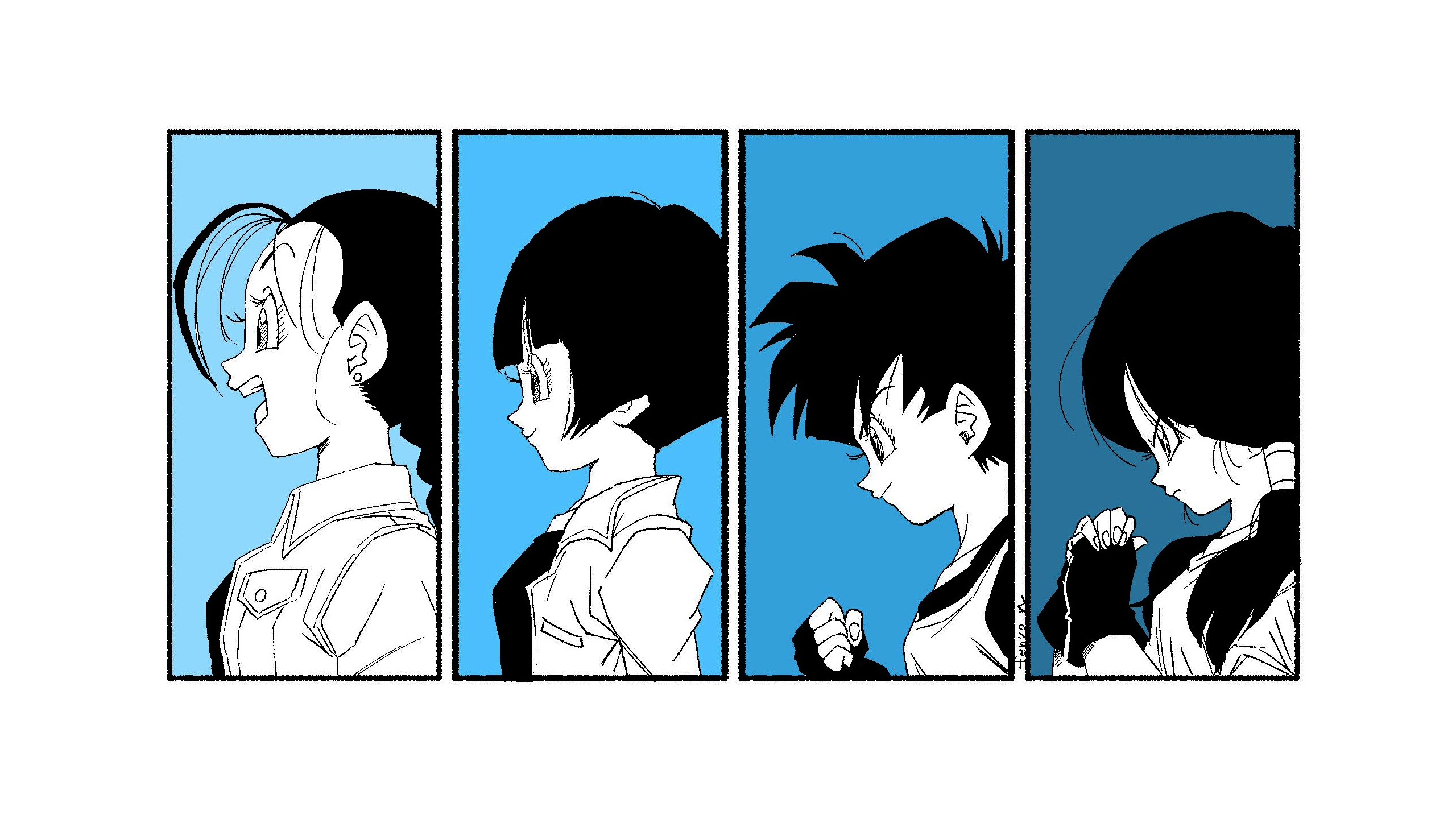 Anime 2560x1440 Dragon Ball Dragon Ball Z Dragon Ball Super braids simple background panels white background anime anime girls side view twintails black hair short hair gloves fingerless gloves Videl signature fenyo_n