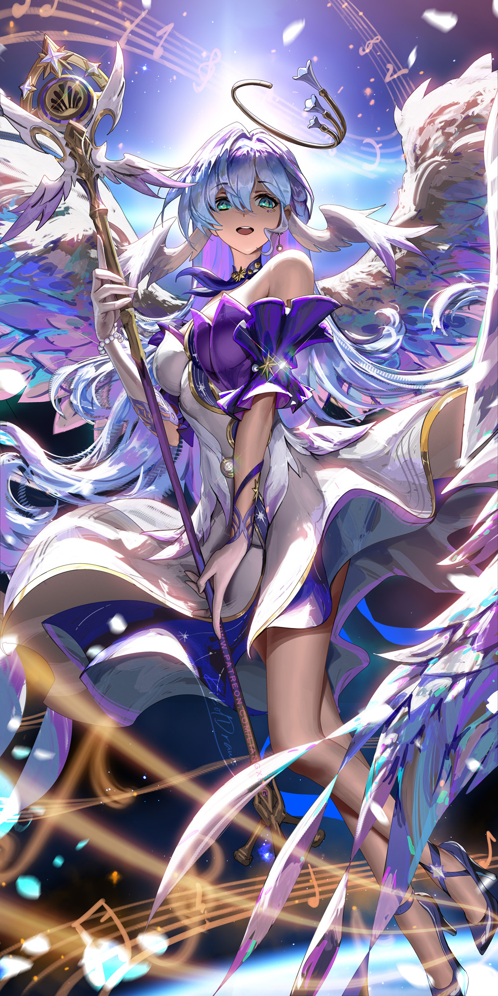 Anime 1000x2000 Honkai: Star Rail wings portrait display long hair Robin (Honkai: Star Rail) head wings Jason Liang bare shoulders jewelry looking at viewer gloves musical notes open mouth aqua eyes strapless dress hair between eyes dress floating particles heels