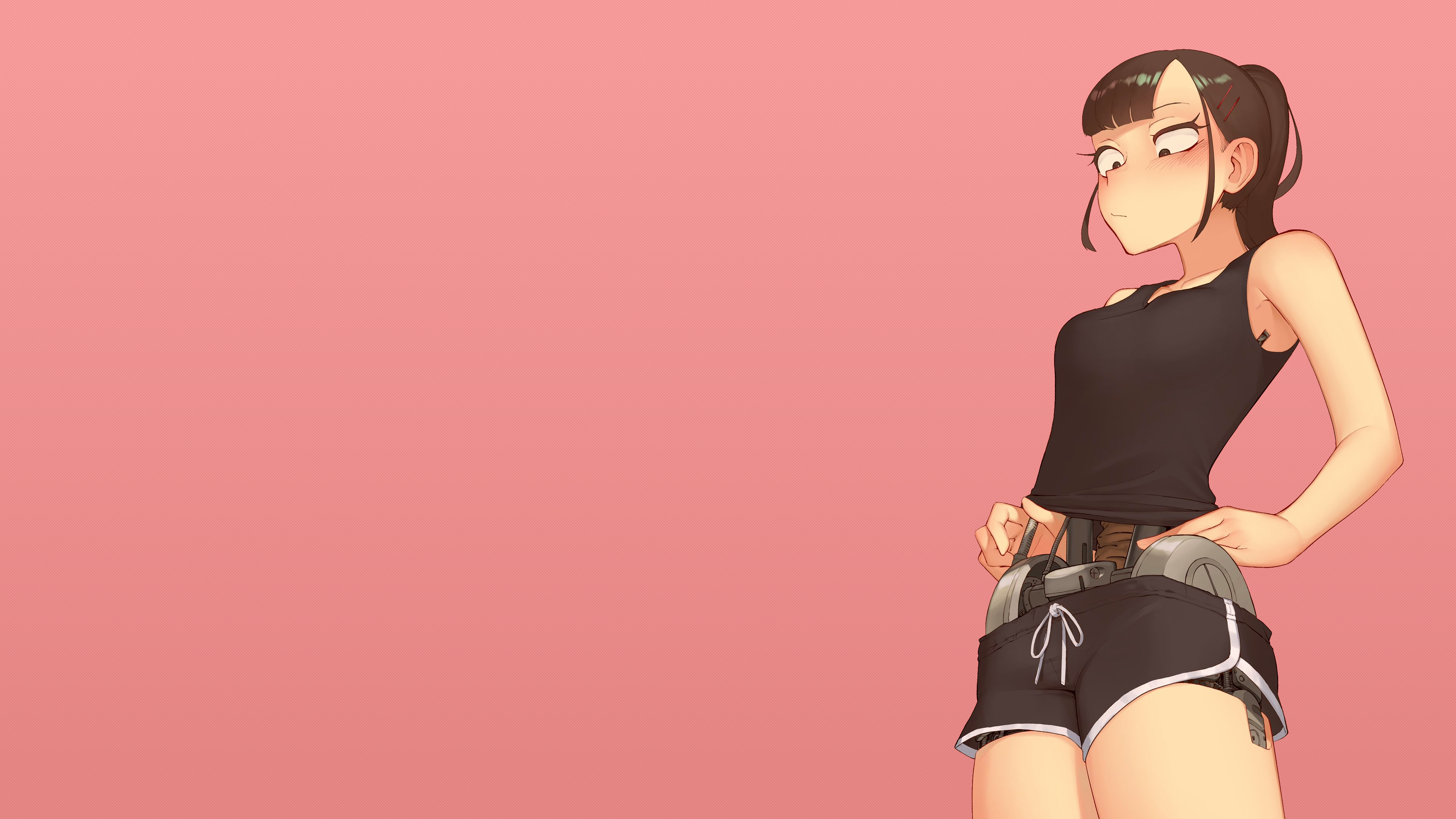 Anime 3840x2160 brunette long hair ponytail anime girls blushing robot androids bangs blunt bangs exercise gym clothes shorts short shorts tank top sidelocks pink background machine looking below thighs thighs together