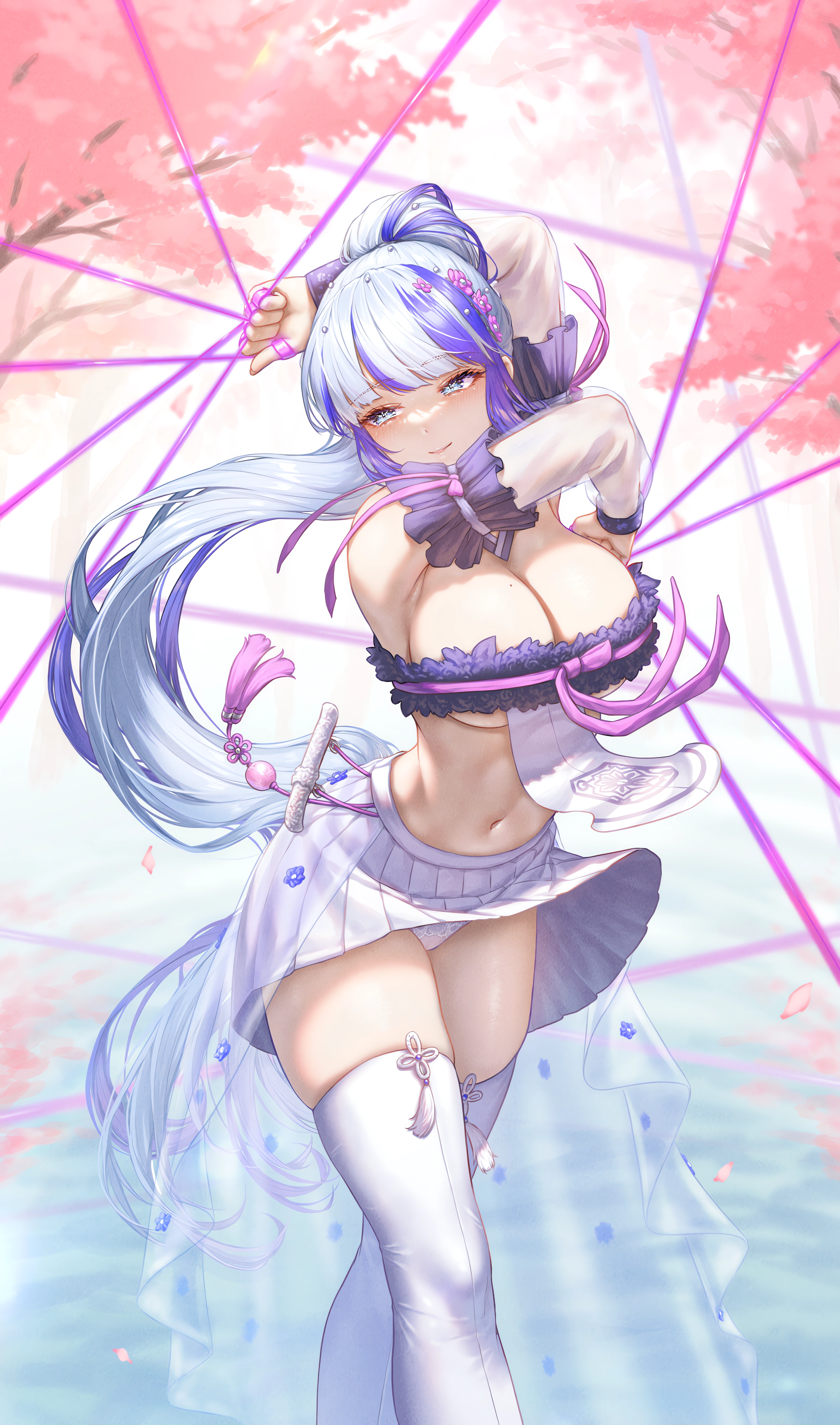 Anime 2996x5080 anime anime girls NormalMan long hair portrait display cleavage huge breasts thigh-highs white thigh highs tassels closed mouth blue eyes two tone hair ponytail flower in hair panties mole on breast moles looking away skindentation petals trees skinny skirt bright thighs bangs smiling