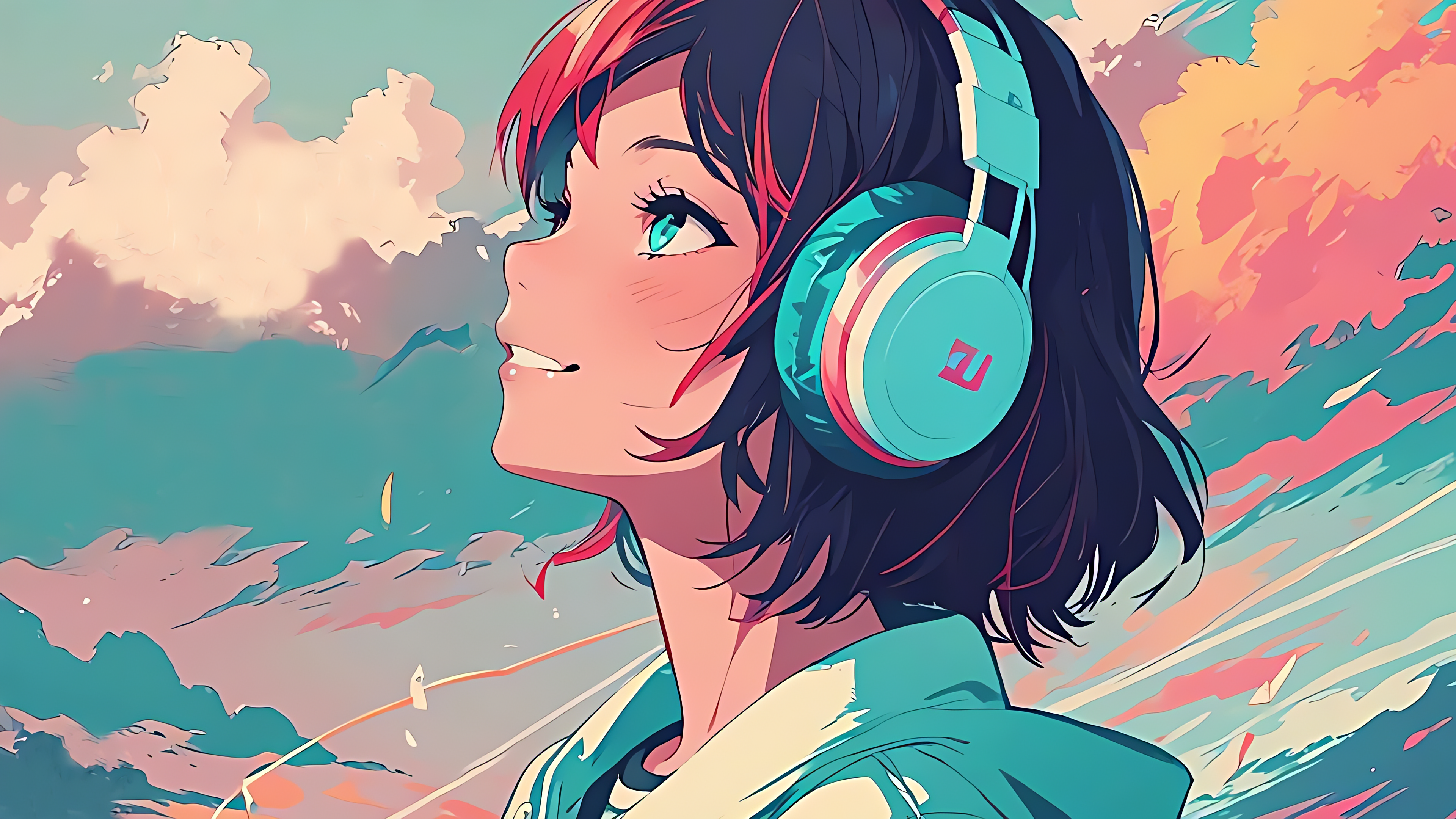Anime 3840x2160 anime girls Sky (game) minimalism headphones music sketches Pink (artist) smiling Chillhop Music AI art
