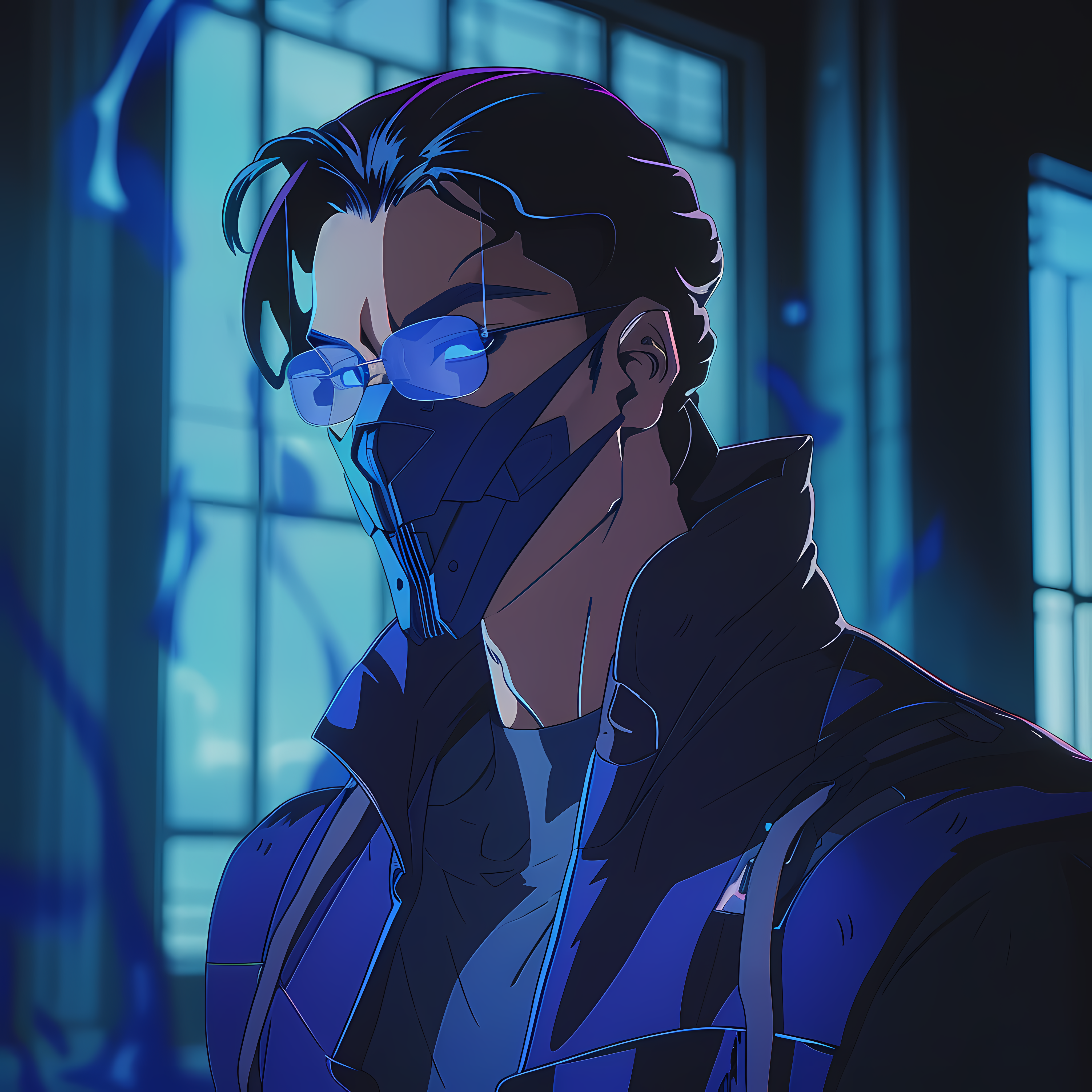 Anime 4096x4096 AI art mask glasses dark blue anime men looking at viewer short hair men with glasses jacket open jacket blue hair