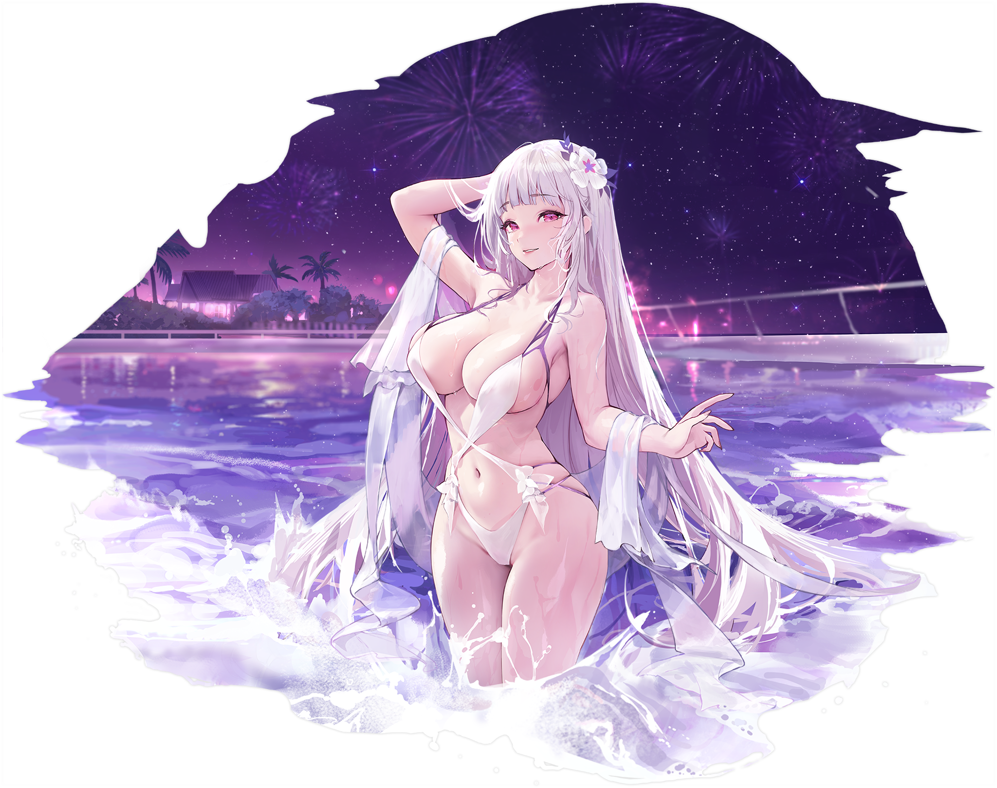 Anime 2048x1618 Azur Lane white swimsuit Yorck (Azur Lane) long hair purple eyes flower in hair one-piece swimsuit night swimwear one arm up looking at viewer armpits swimming pool gray hair big boobs hair ornament simple background stars starred sky starry night women outdoors fireworks water standing in water parted lips palm trees Charles depth of field wet body wet clothing transparent background