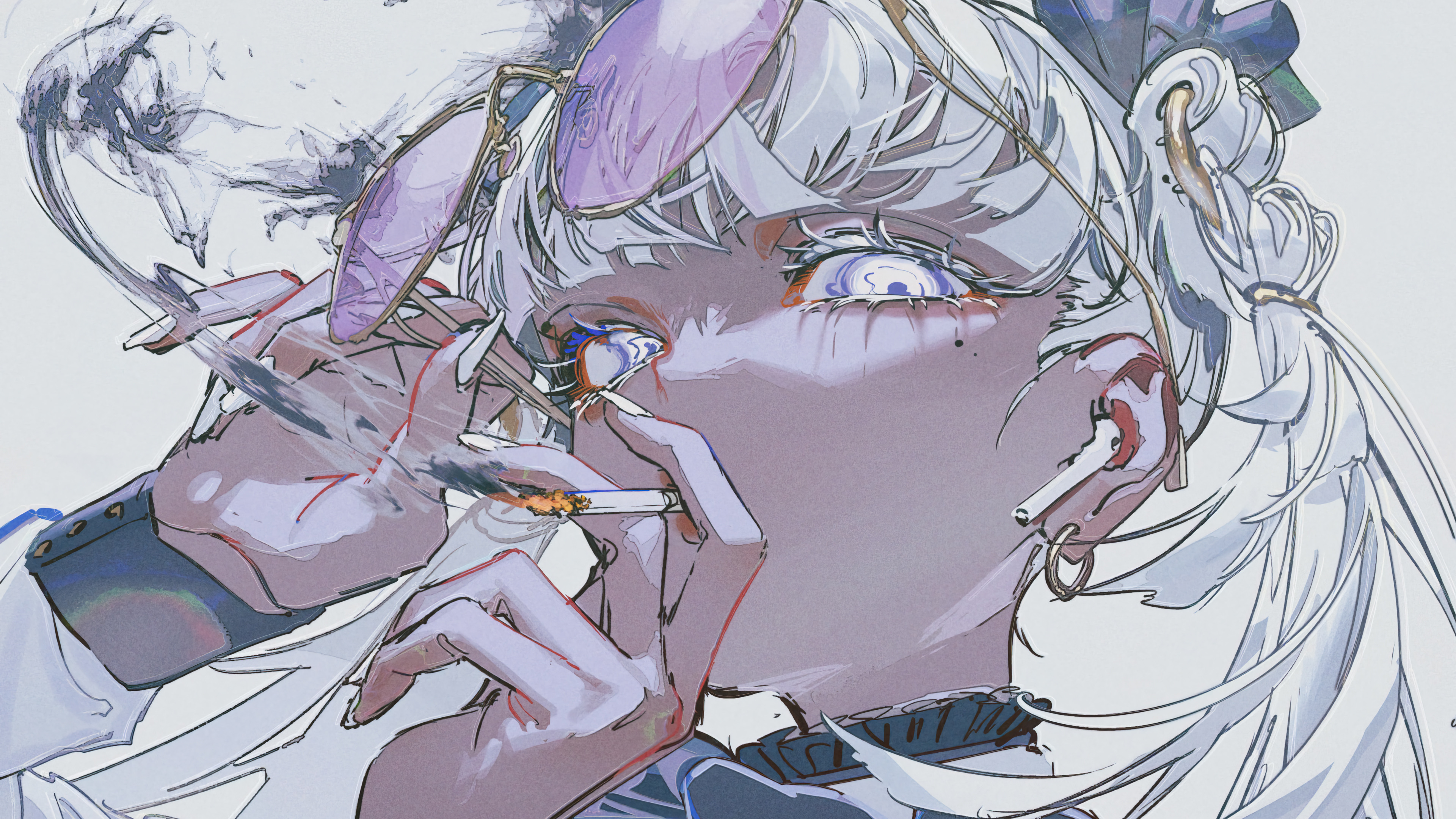 Anime 3840x2160 anime girls manga anime cigarettes looking at viewer long hair moles mole under eye white hair blue eyes white background smoke simple background closeup women with shades face sunglasses earphones