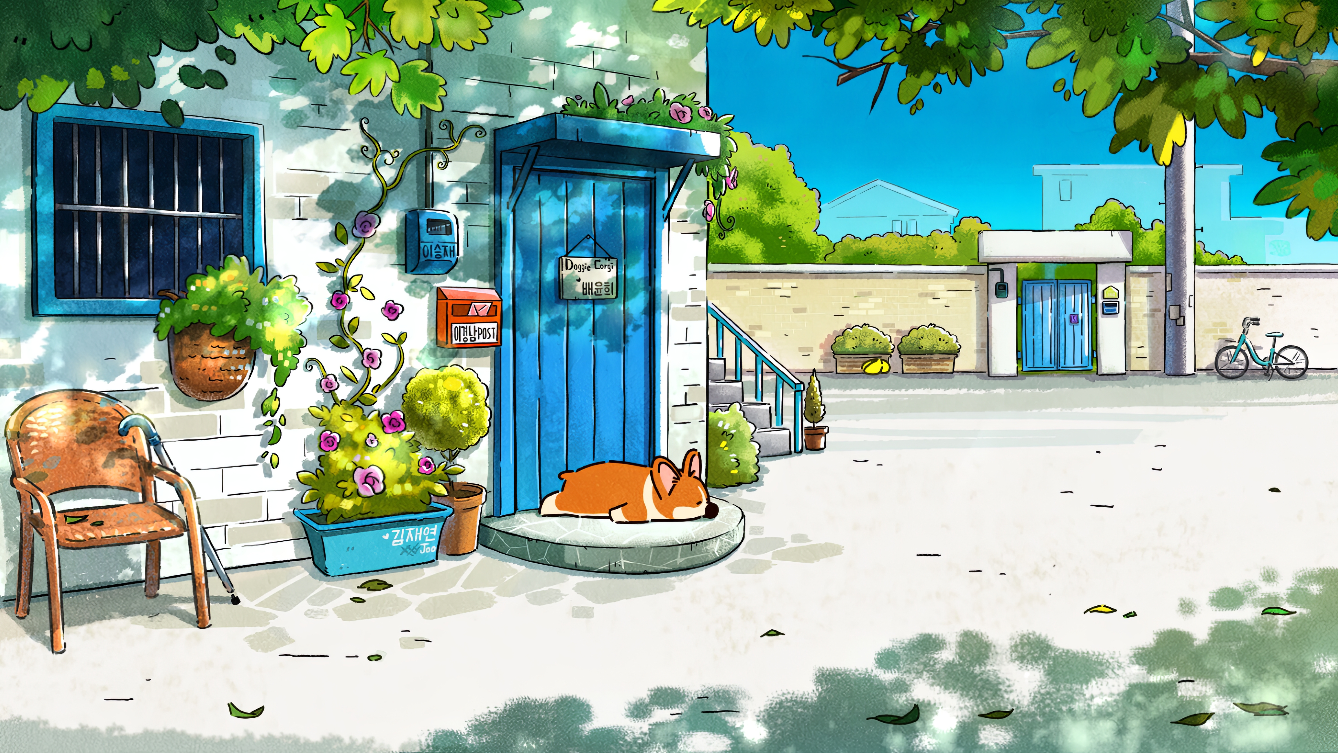 Anime 4623x2601 dog painting porch
