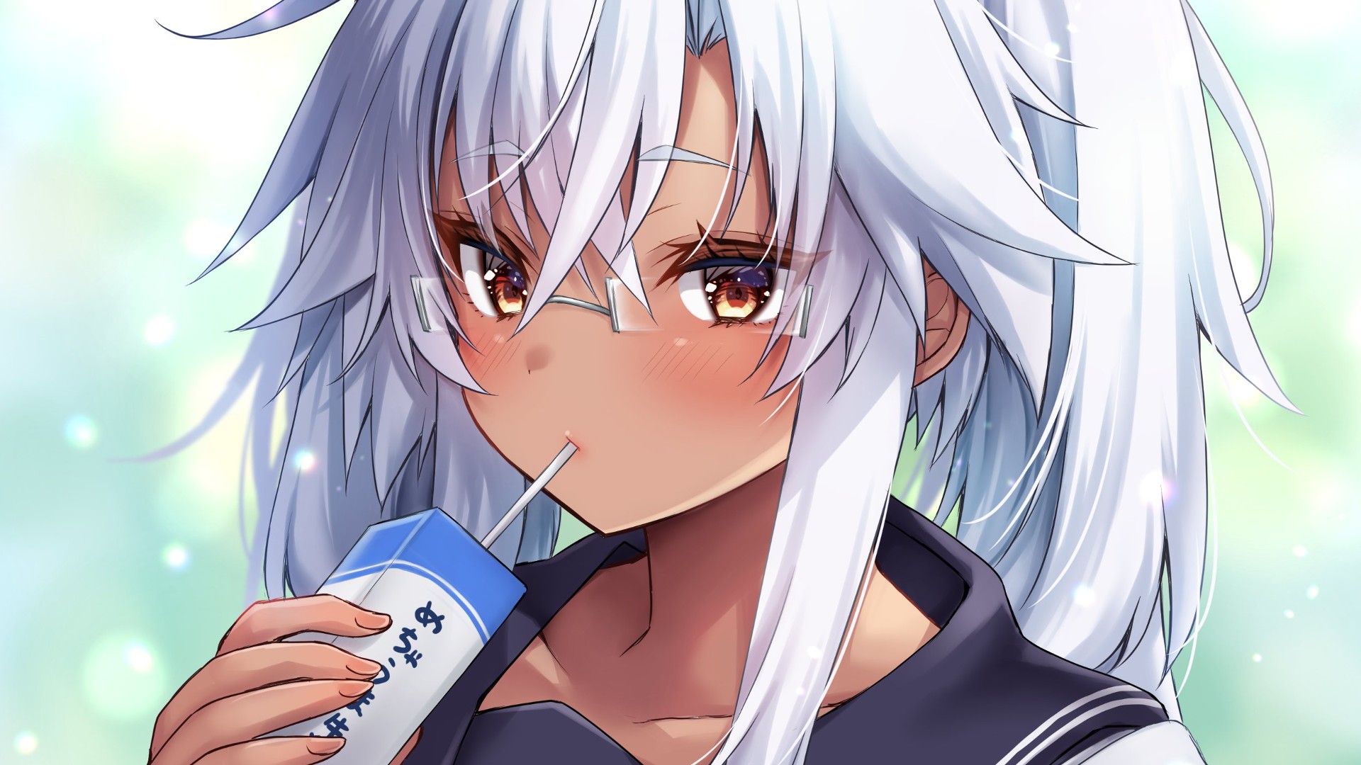 Anime 1920x1080 Musashi (KanColle) brown eyes white hair glasses drinking school uniform anime Kantai Collection long hair drinking straw blushing women with glasses face simple background bright schoolgirl cropped looking at viewer dark skin Japanese anime girls