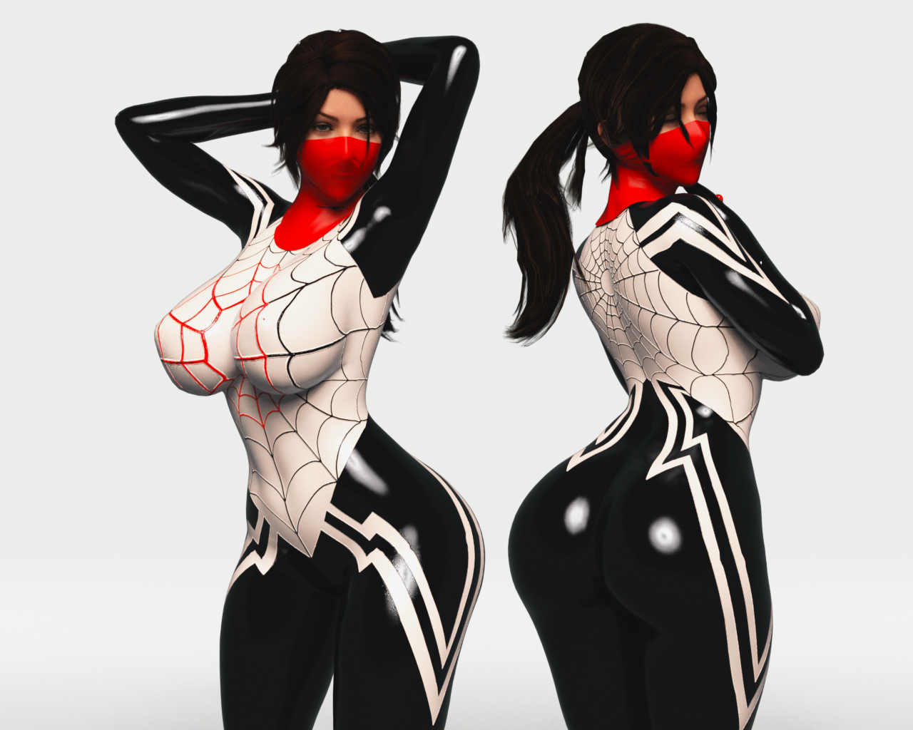 General 1280x1024 Silk (Marvel character) CGI brunette big boobs muscular muscular legs thick ass thick body curvy sensual gaze simple background suits Marvel Comics standing mask arm(s) behind head looking at viewer long hair bodysuit