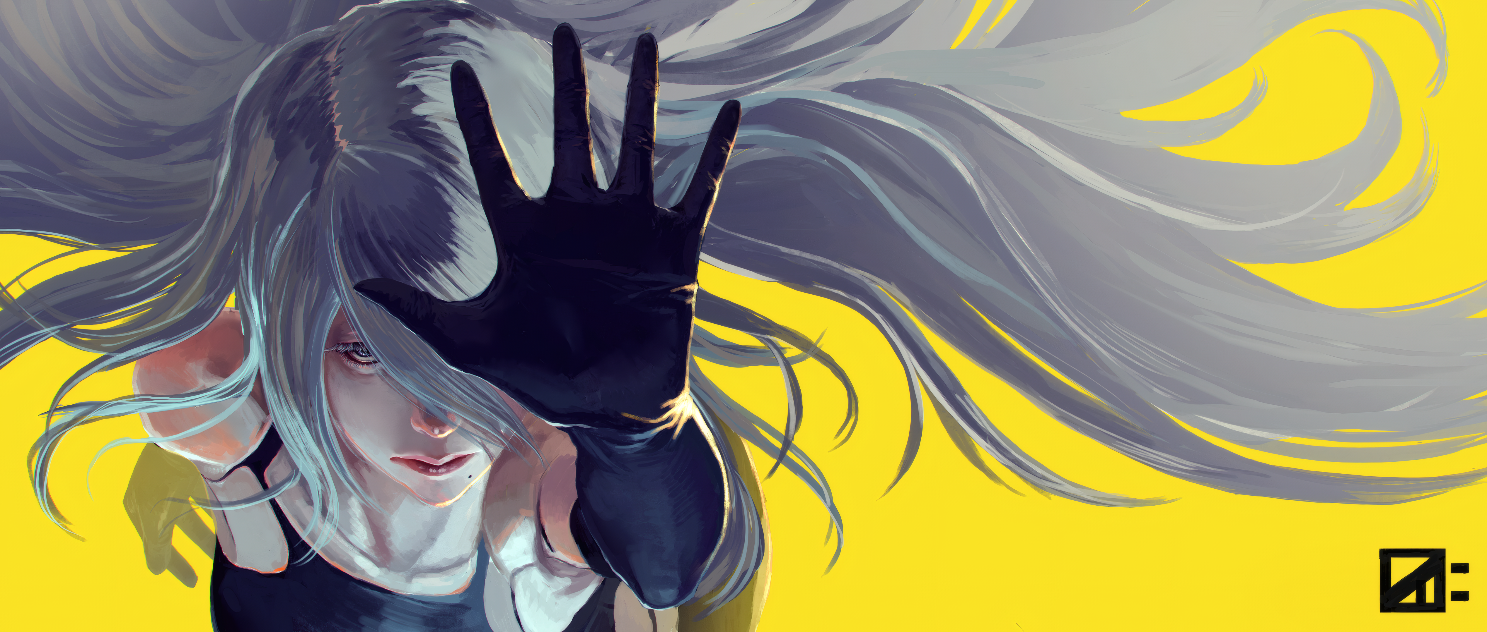 General 5076x2160 Nier: Automata A2 (Nier: Automata) Hito Matsudaira digital art artwork character design  moles yellow background simple background gloves mole under mouth hands long hair closed mouth hair over one eye fingers collarbone top view silver hair looking at viewer