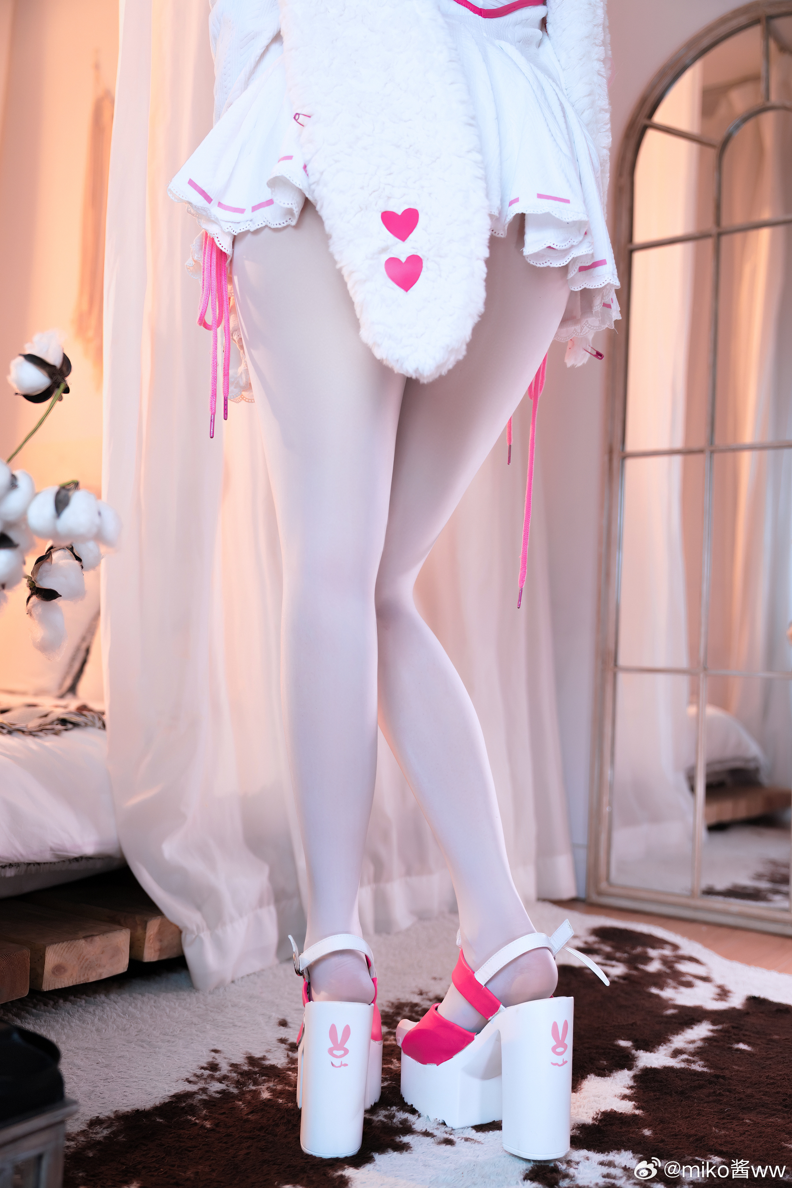 People 2732x4096 Miko Sauce cosplay Asian low-angle indoors women indoors standing women watermarked curtains platform high heels heels mirror reflection wood bed pillow white pantyhose pantyhose anime girls portrait display