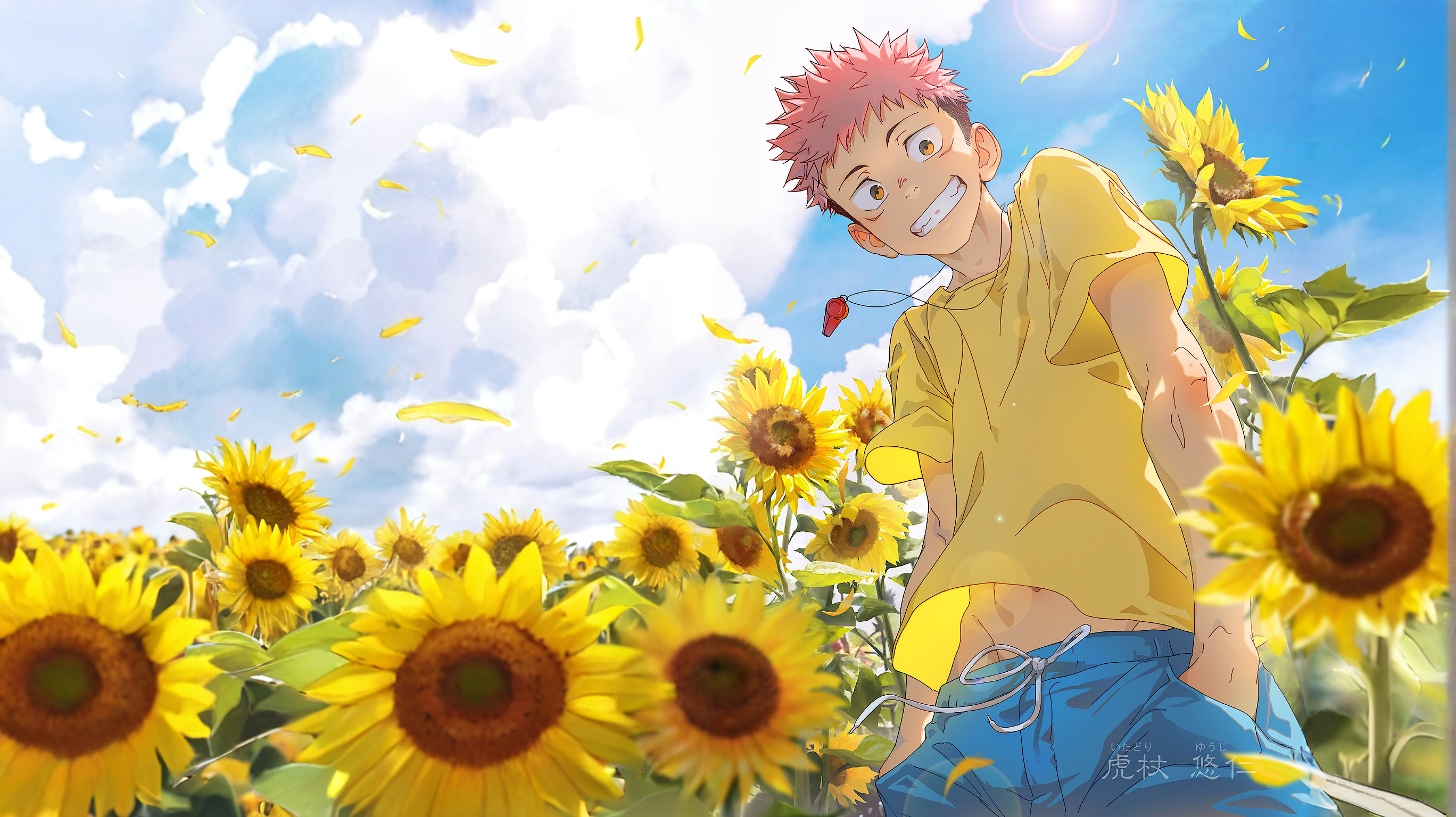 Anime 2736x1536 Jujutsu Kaisen Yuji Itadori yellow shirt sunflowers sky blue Beitemian anime boys