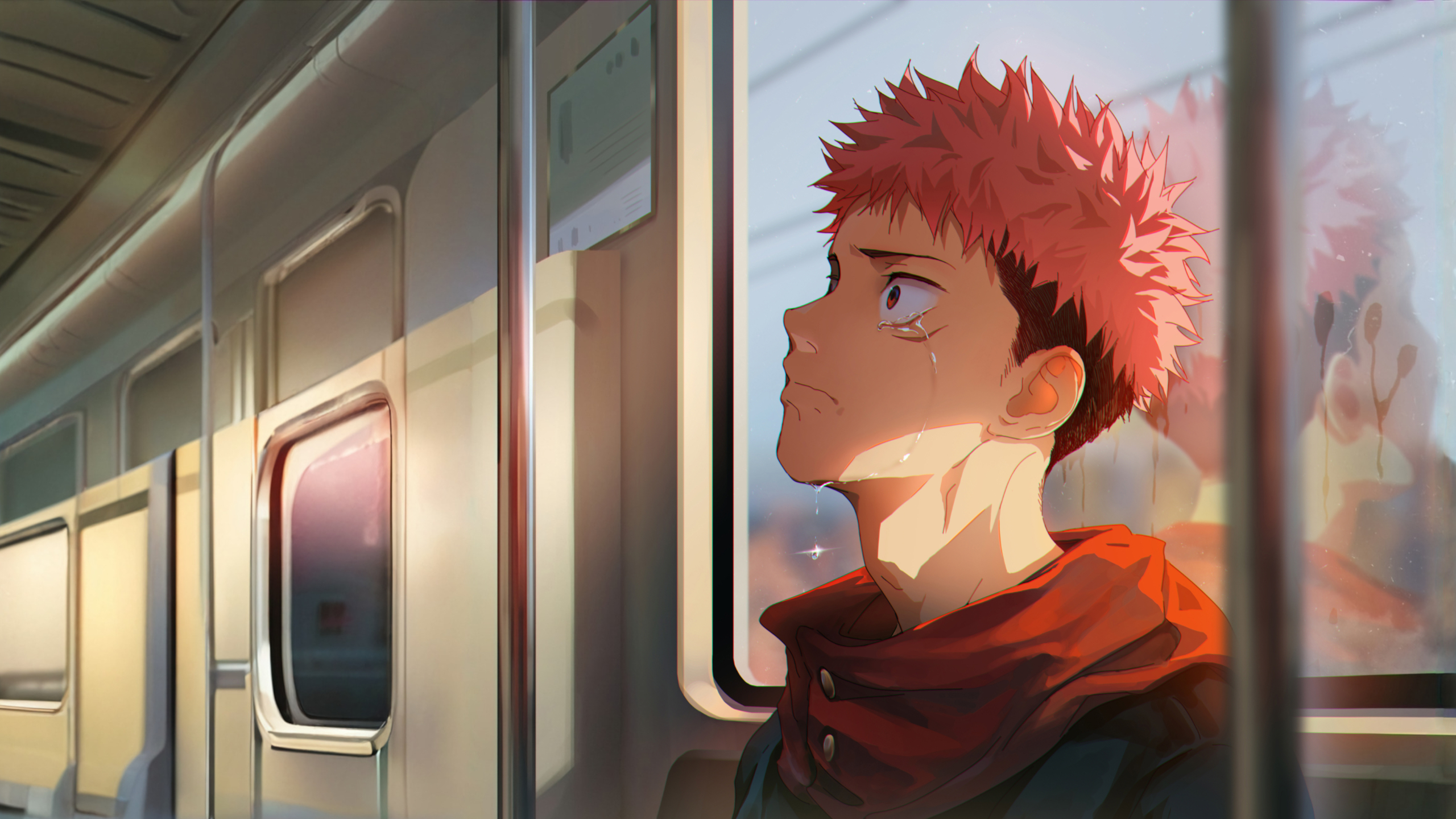 Anime 2560x1440 Beitemian train Yuji Itadori Jujutsu Kaisen crying tears sad anime boys