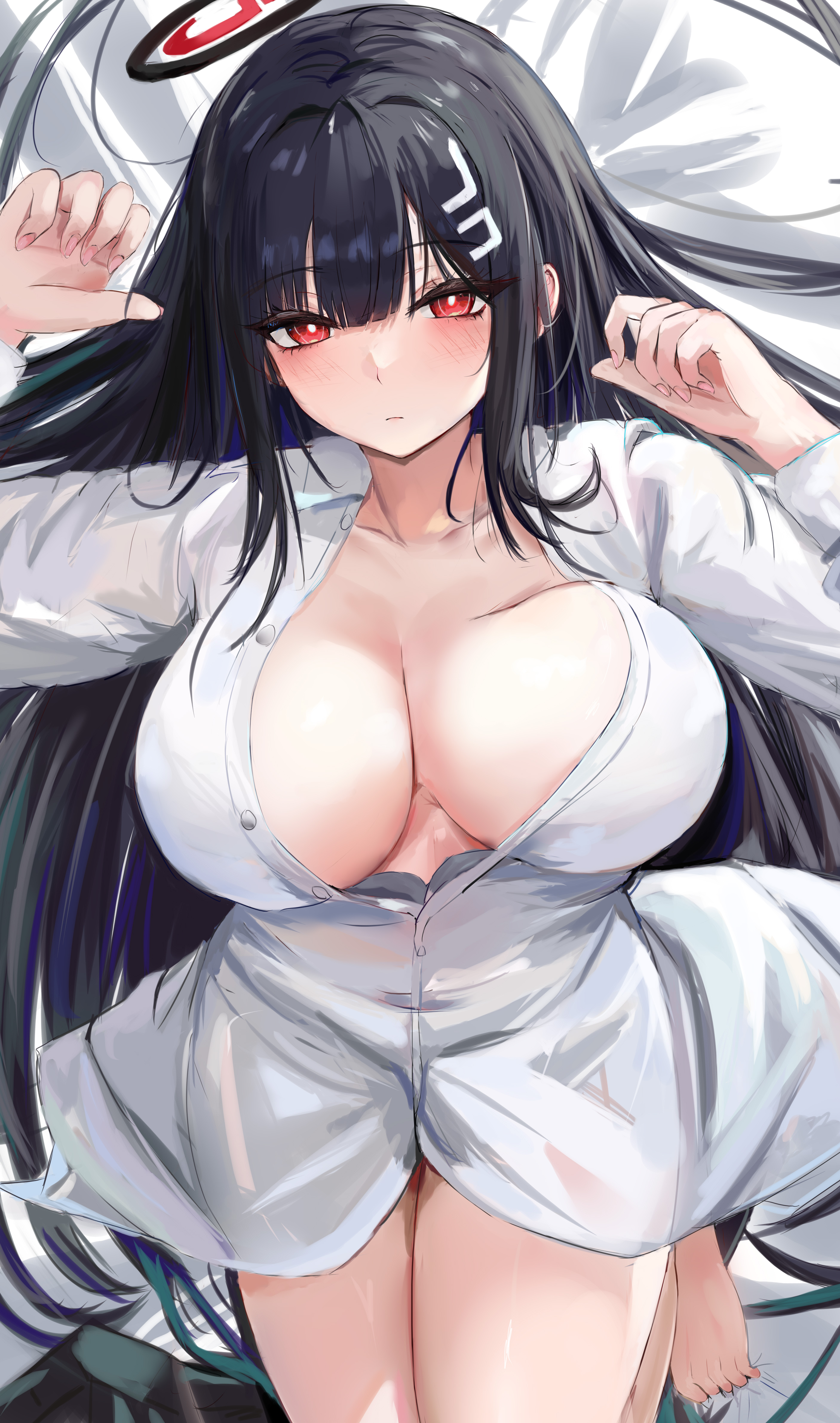 Anime 2812x4762 Blue Archive Pixiv anime anime girls big boobs Tsukatsuki Rio white shirt unbuttoned Lshiki looking at viewer portrait display long hair lying down lying on back closed mouth blushing black hair red eyes hair clip collarbone open clothes open shirt huge breasts bangs long sleeves cleavage