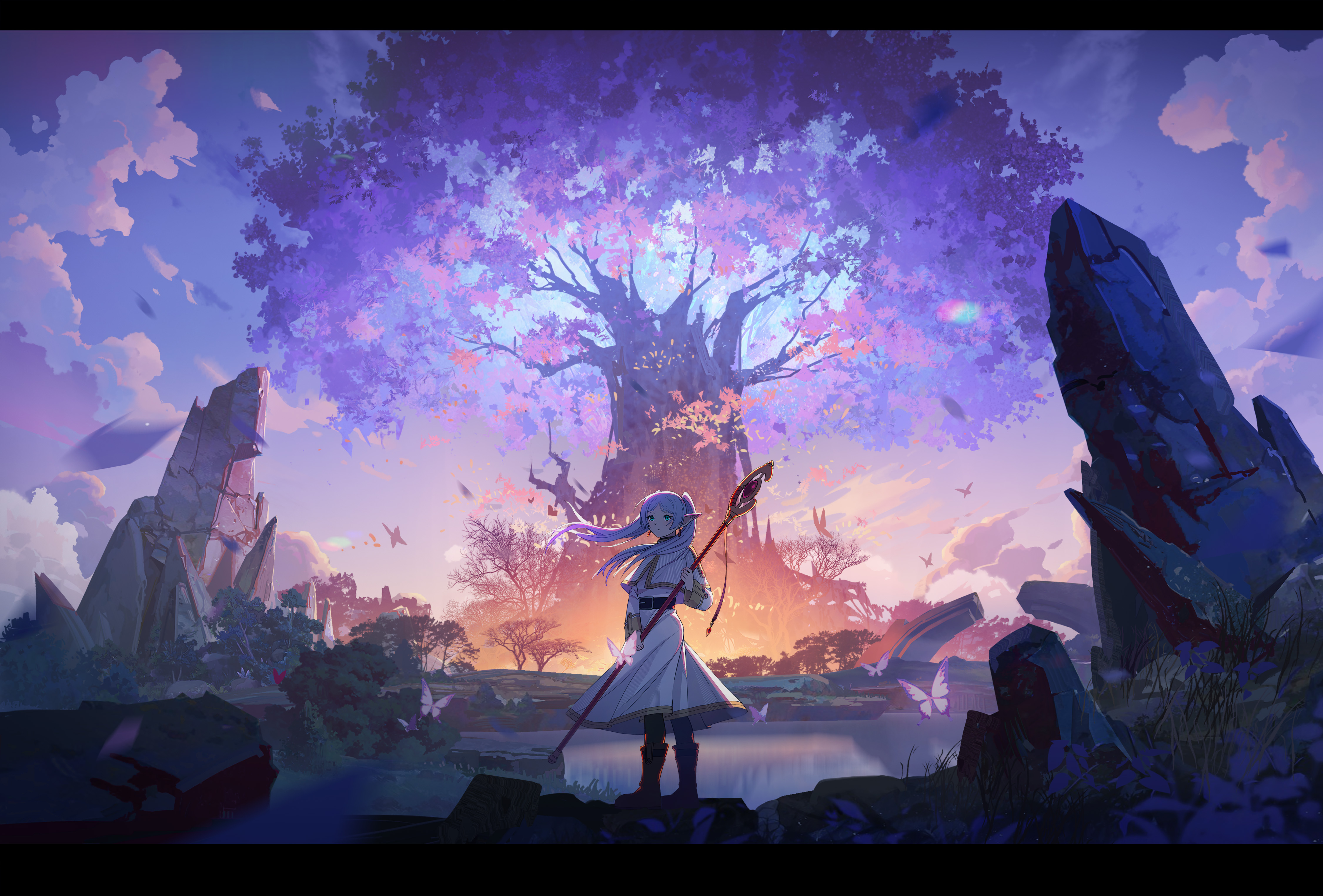 Anime 4500x3048 Sousou No Frieren Frieren looking back nature looking away butterfly expressionless capelet trees elves clouds Kuroha (artist) pointy ears sky flowers rocks women outdoors outdoors standing anime girls