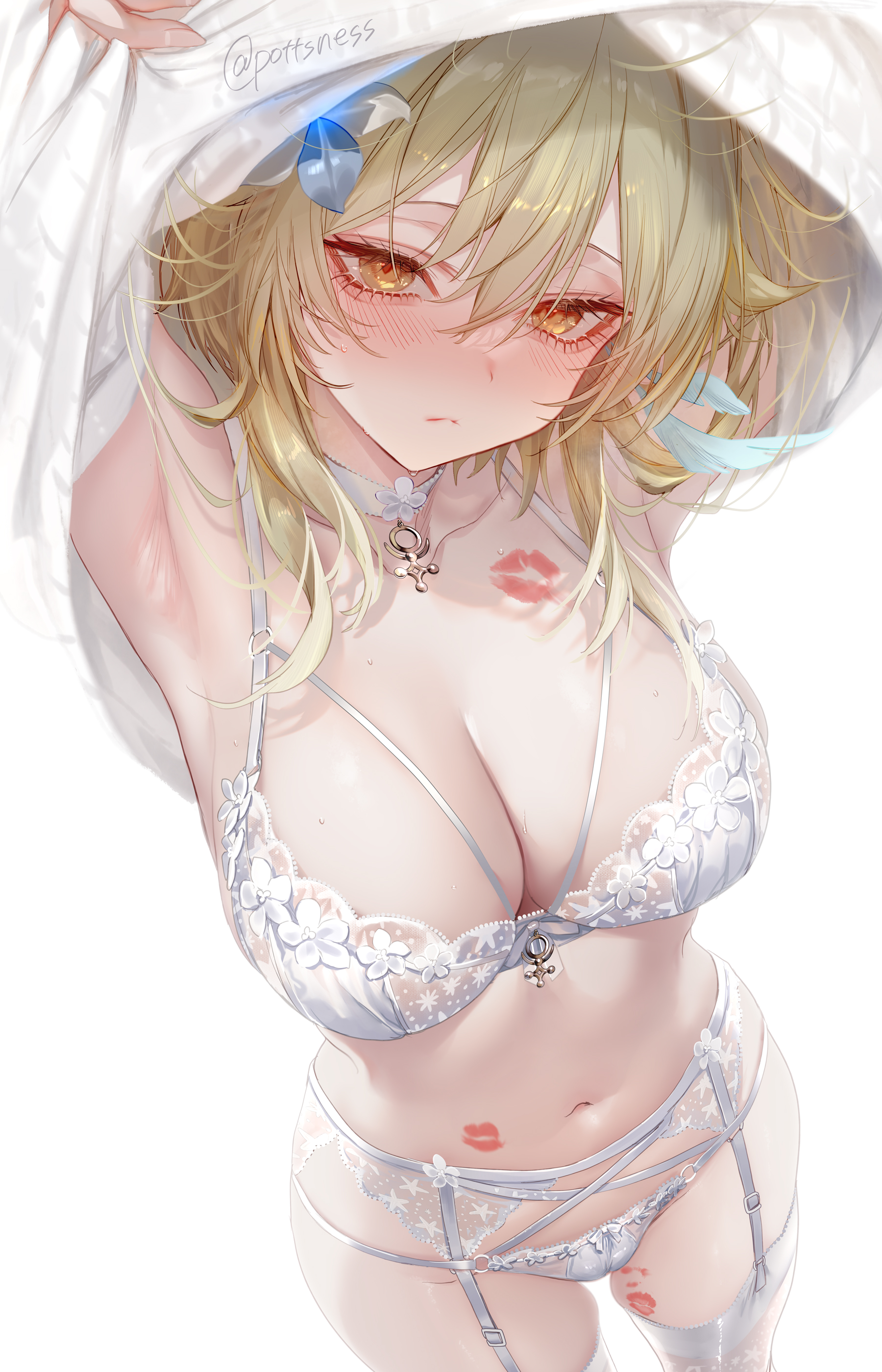 Anime 1800x2800 Genshin Impact white bra portrait display big boobs Lumine (Genshin Impact) white background blonde simple background choker looking at viewer armpits yellow eyes hair ornament white panties underwear white underwear panties garter belt closed mouth undressing thigh-highs cleavage watermarked white sweater arms up lipstick marks lingerie lace lingerie blushing Pottsness garter straps