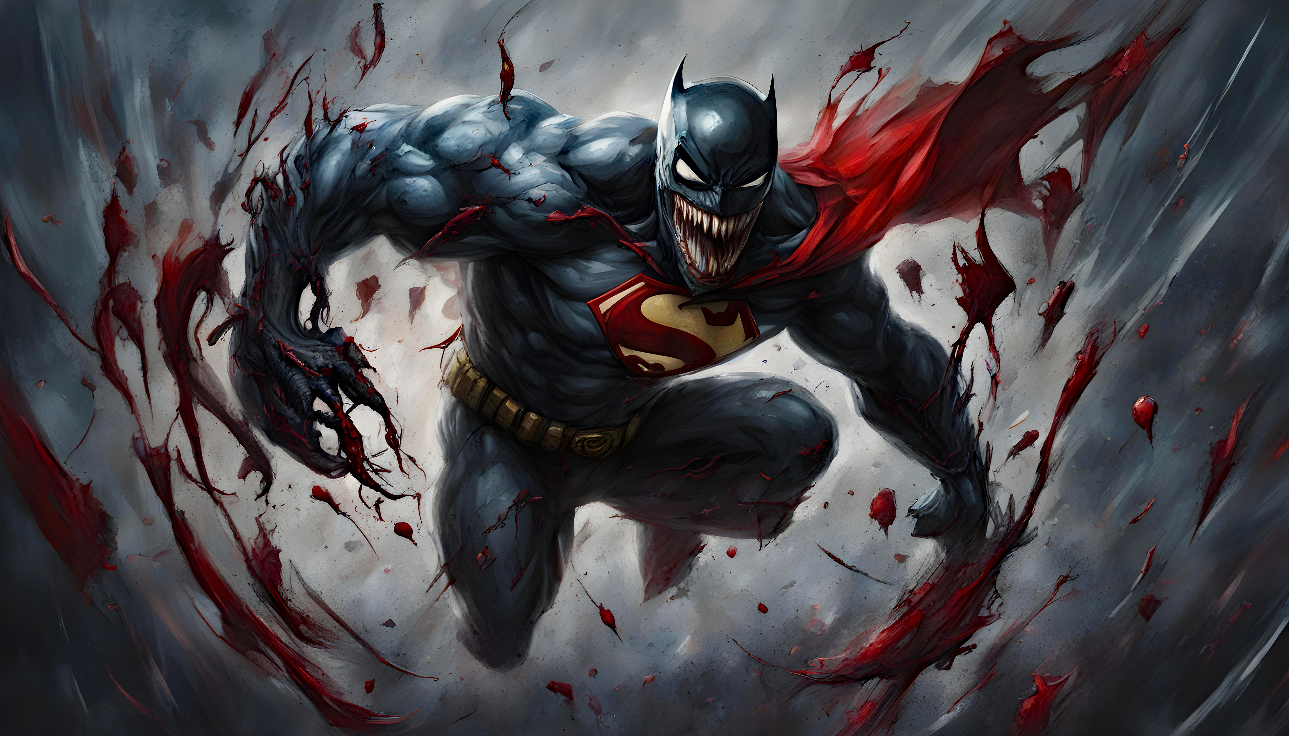 General 5376x3072 Batman Superman Venom superhero super villain blood digital art AI art pointy teeth muscles superman logo cape