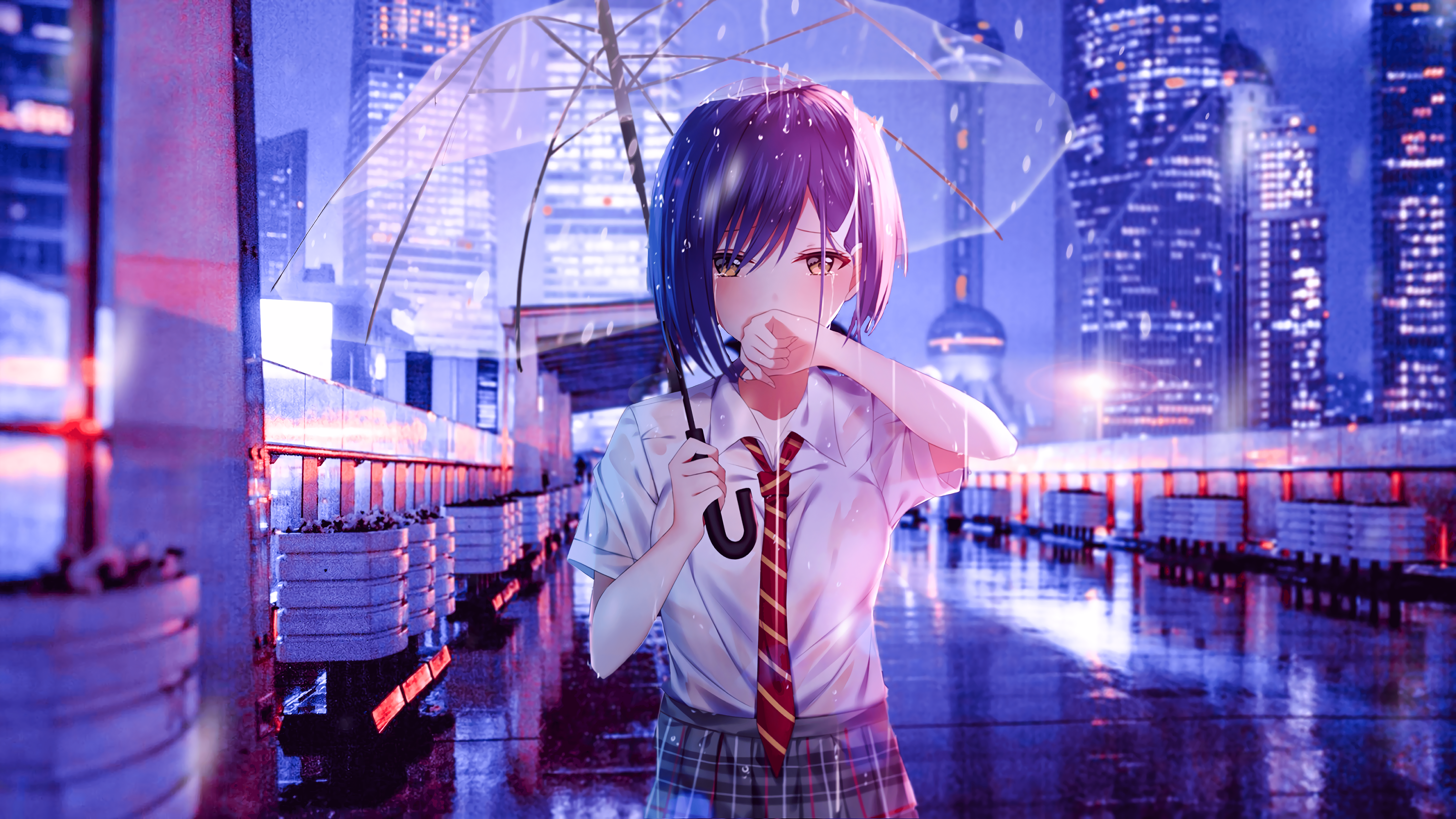 Anime 7680x4320 digital art illustration city lights school uniform umbrella crying rain