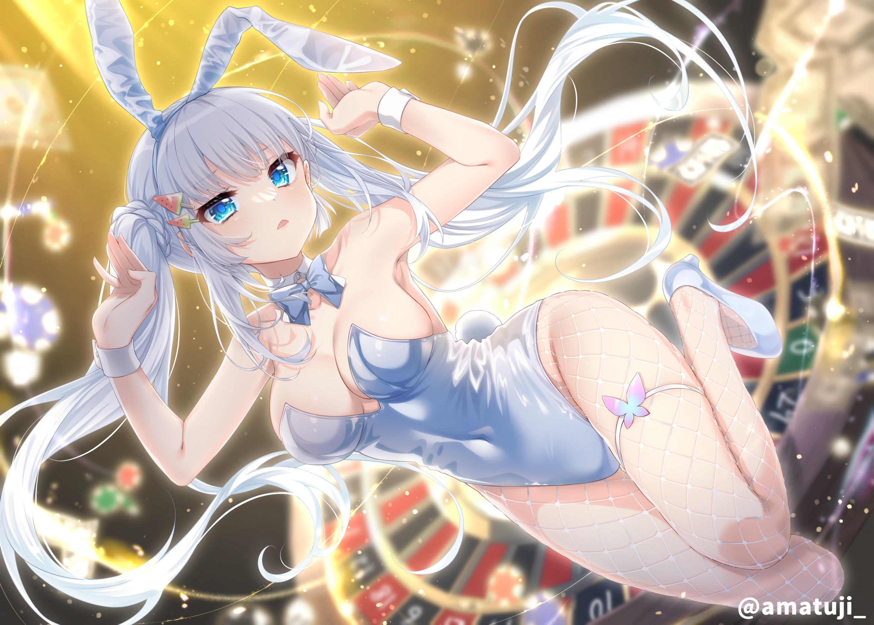Anime 2899x2073 Pixiv anime anime girls bunny girl bunny suit animal ears blue eyes Summer Pockets Naruse shiroha long hair open mouth watermarked blue leotard big boobs cleavage hair ornament thigh strap skindentation fishnet pantyhose fishnet twintails wrist cuffs Amatsuji collarbone white hair bunny ears bunny tail roulette poker chips bent legs hair clip leotard legs money thighs bow tie