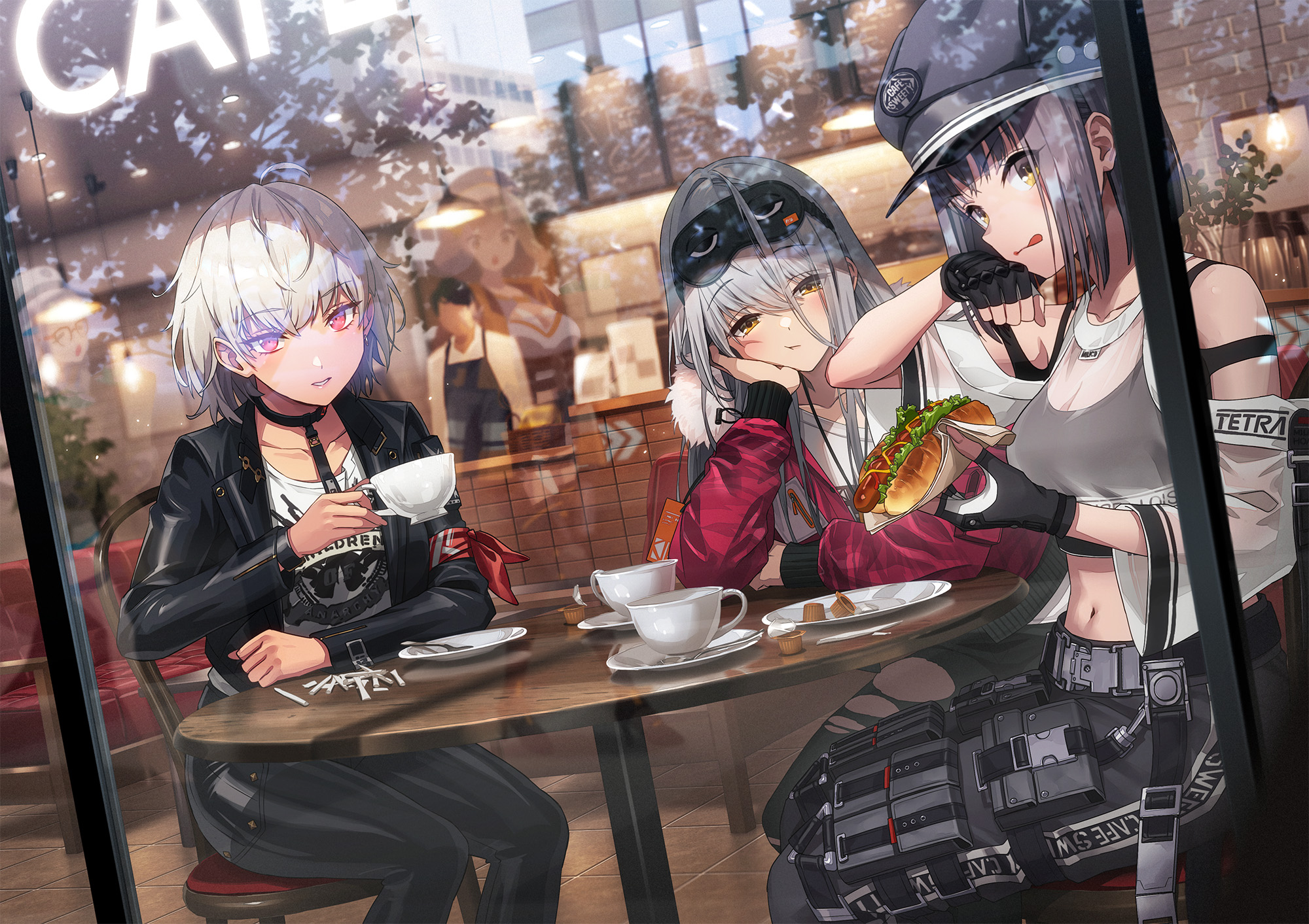 Anime 2000x1413 cafe looking at viewer Nikke: The Goddess of Victory hair between eyes sitting Anis (Nikke: The Goddess of Victory) Milk (Nikke) Frima (Nikke) Sugar (Nikke) Neon (Nikke) anime girls licking lips gloves fingerless gloves plates spoon food hot dogs resting head black jackets jacket leather jacket Sonsoso sleep mask long hair hat women with hats collarbone parted lips bare midriff white hair coffee cup chair cream tomboys
