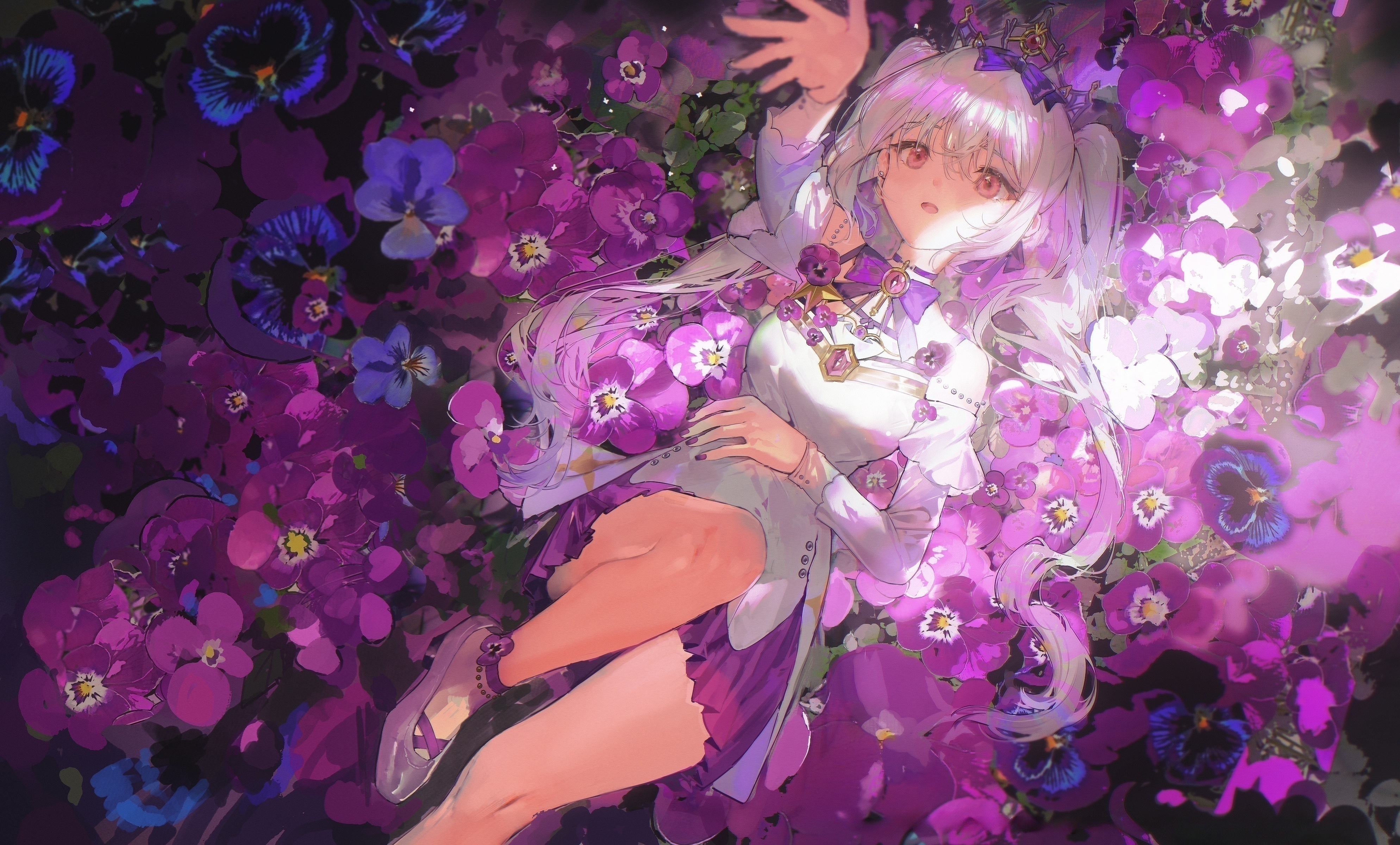Anime 3976x2400 Pixiv anime dress flowers anime girls twintails Finn Zoey lying down lying on back open mouth long hair hair between eyes skirt bent legs bare shoulders white hair arms reaching