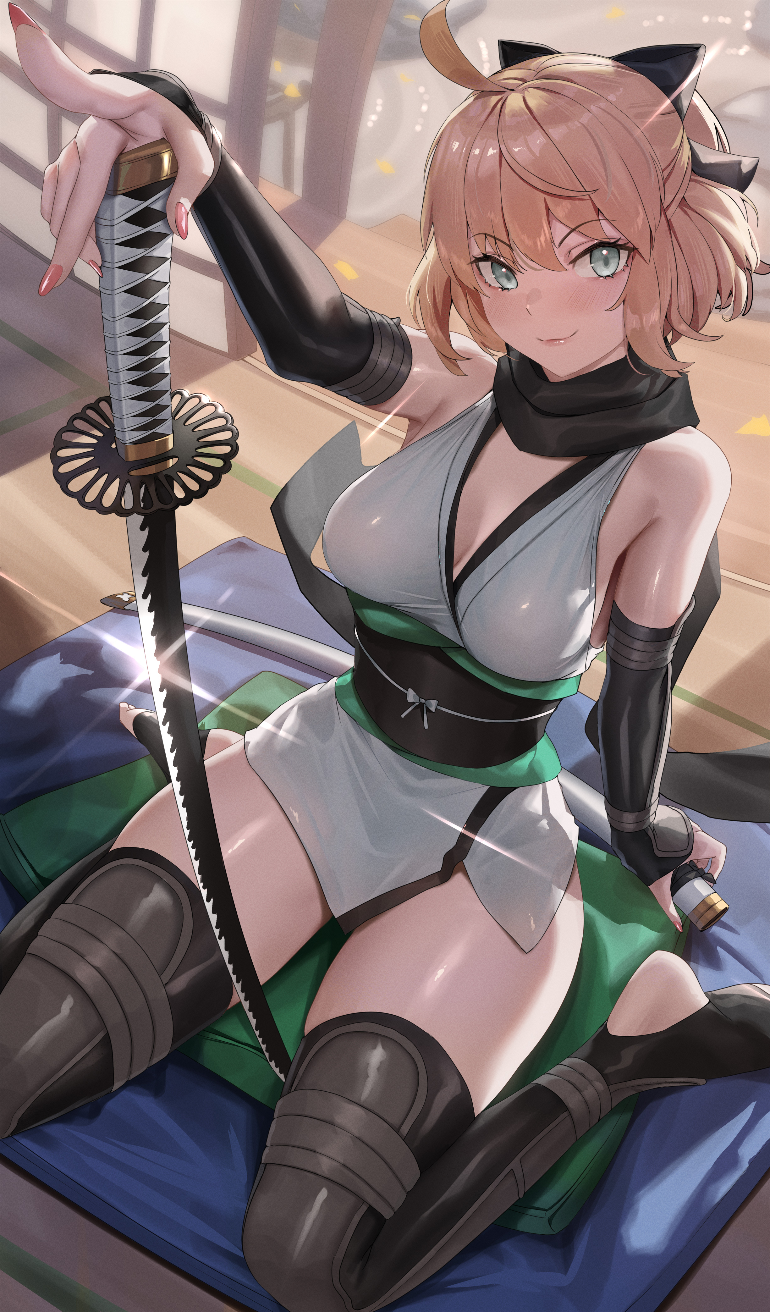Anime 2450x4174 anime looking at viewer sword women with swords Enmanuelart20 Fate series Okita Souji closed mouth hair between eyes smiling short hair wariza portrait display thighs blonde blue eyes painted nails ahoge Japanese clothes sash sunlight Fate/Grand Order hair bows sleeveless anime girls on the floor wooden floor scarf