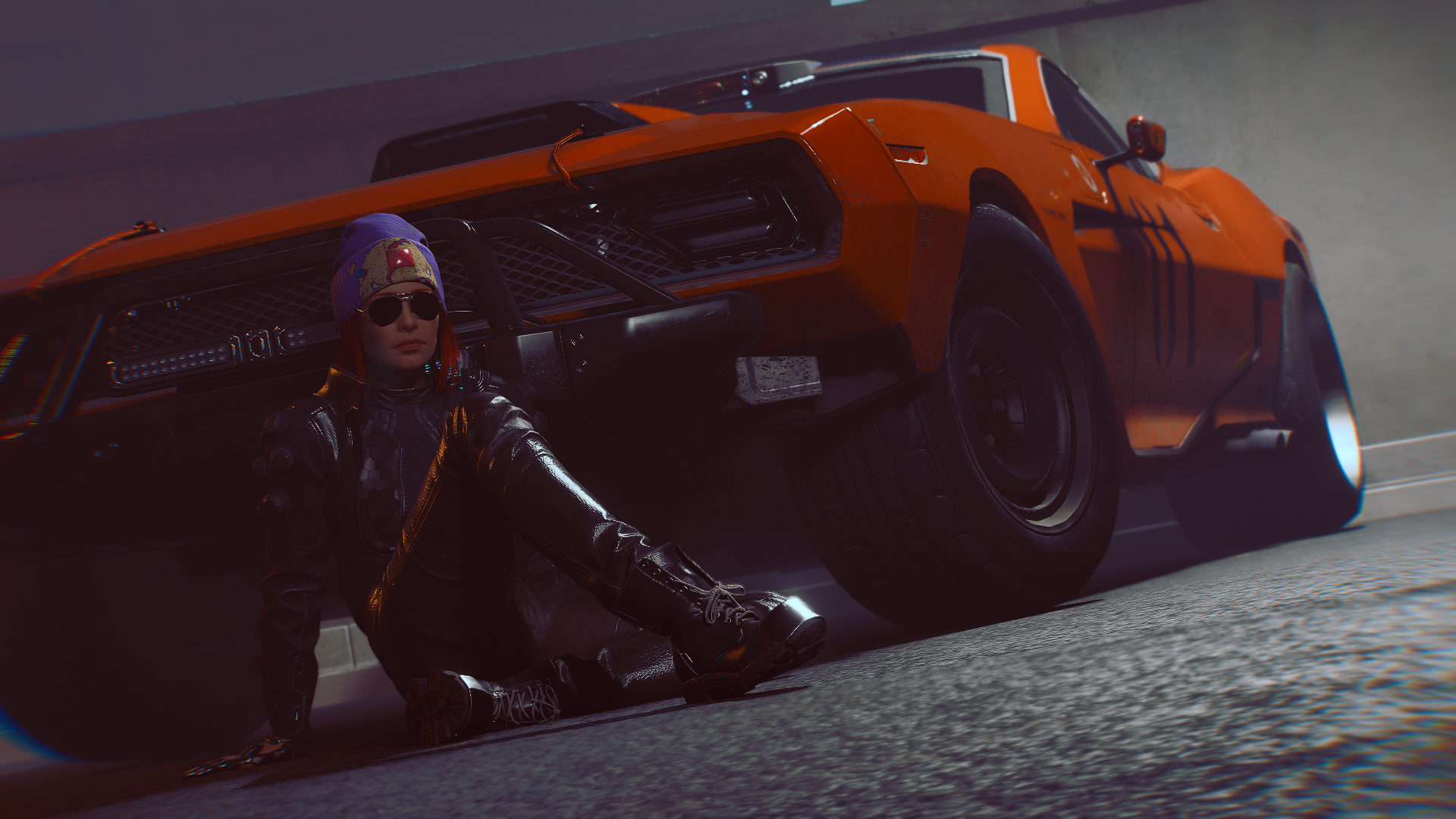 General 1920x1080 Cyberpunk 2077 low light digital art Quadra Type 66 video game art screen shot video game characters CGI video games on the ground sunglasses low-angle women with shades car vehicle red cars closed mouth shoe sole video game girls ground
