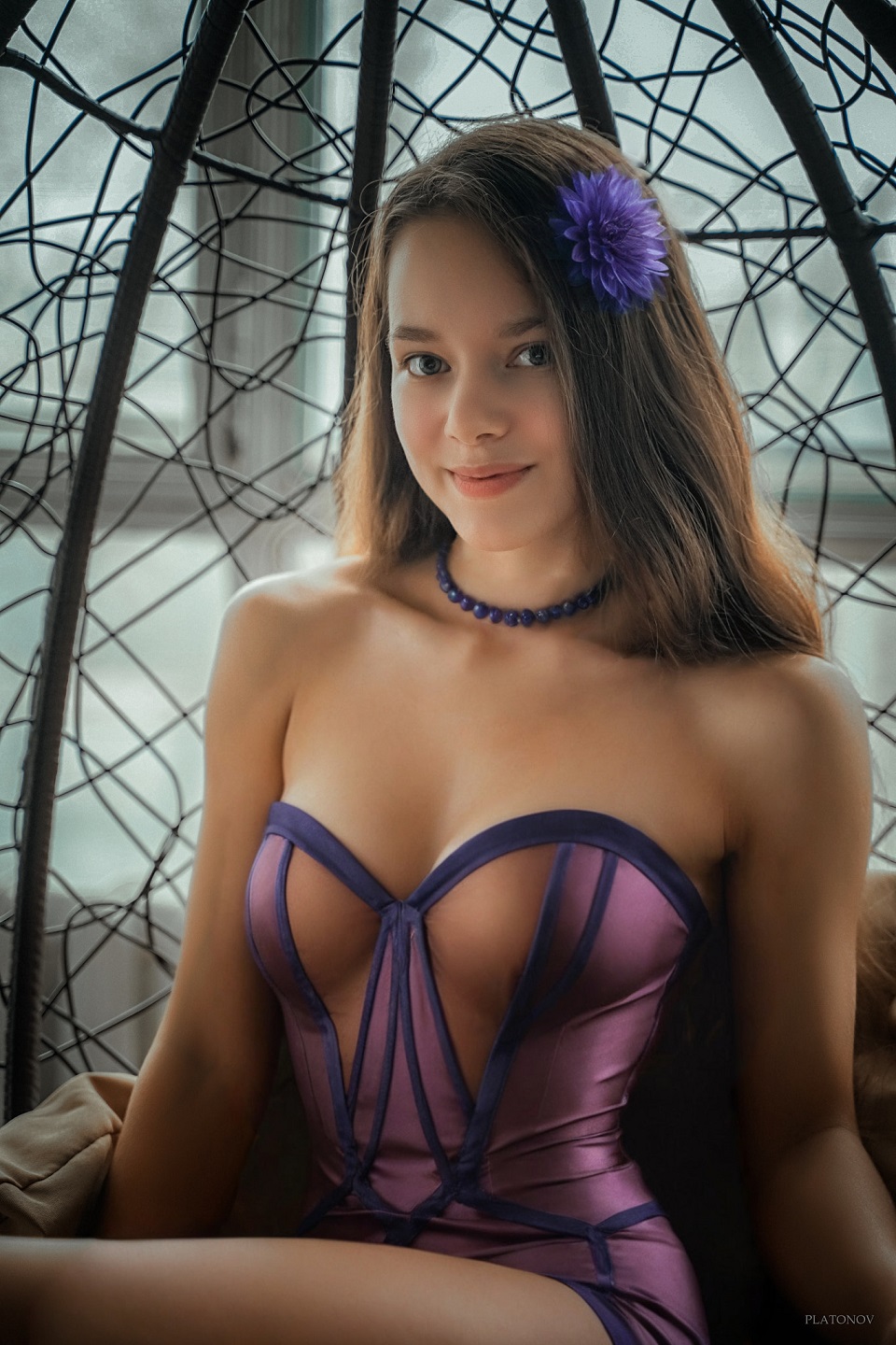 People 960x1440 Ivan Platonov women flower in hair purple clothing Flamy Nika smiling