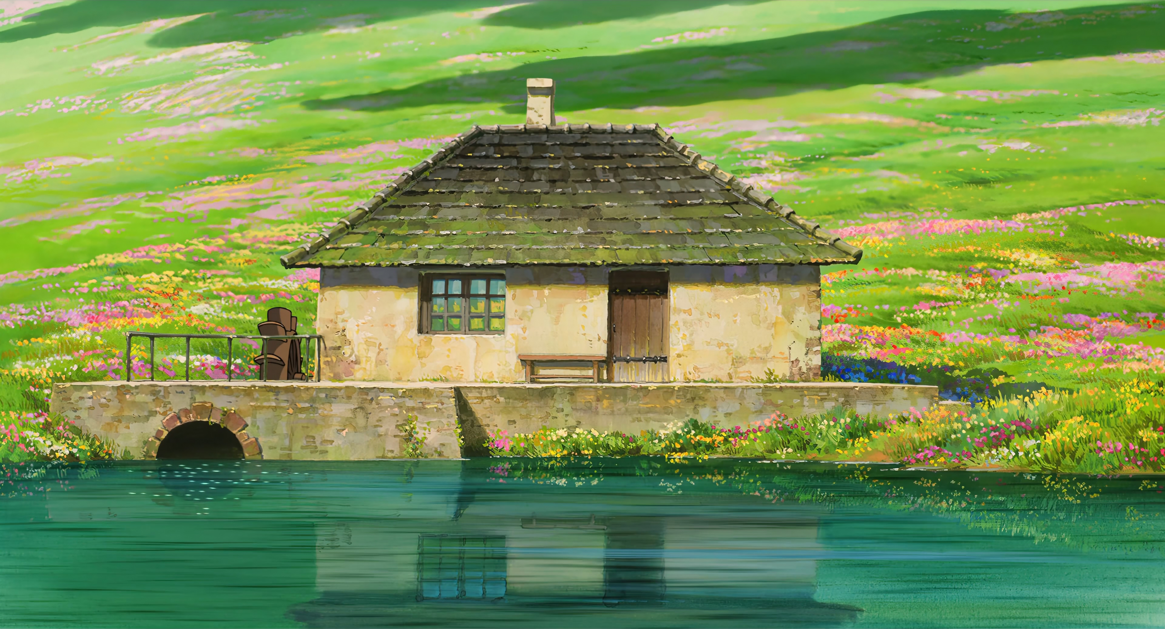 Anime 3840x2075 Howl's Moving Castle Studio Ghibli anime house field plants reflection water door watermills window grass