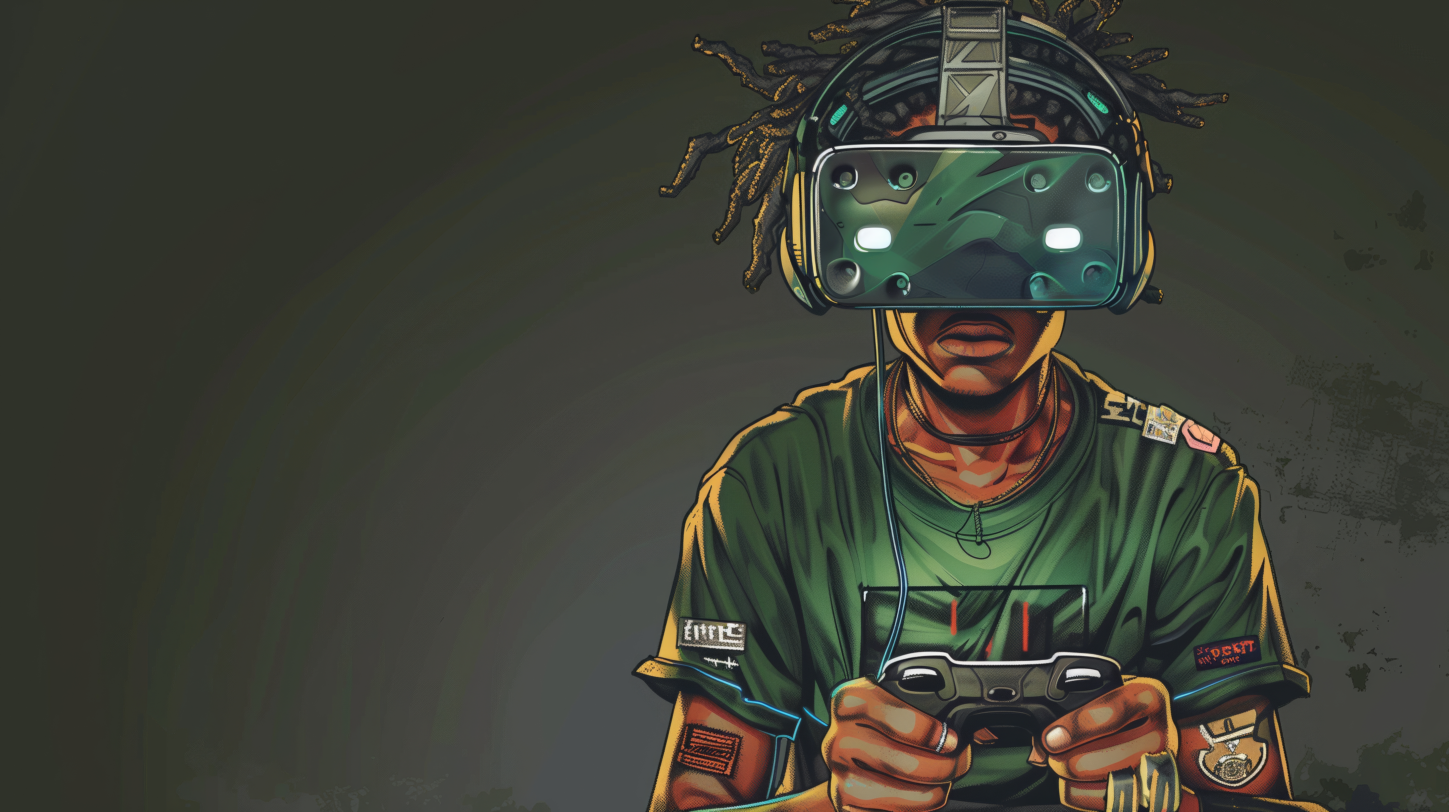 General 5824x3264 AI art illustration VR Headset Virtual Reality Headset gamer controllers dreadlocks video games