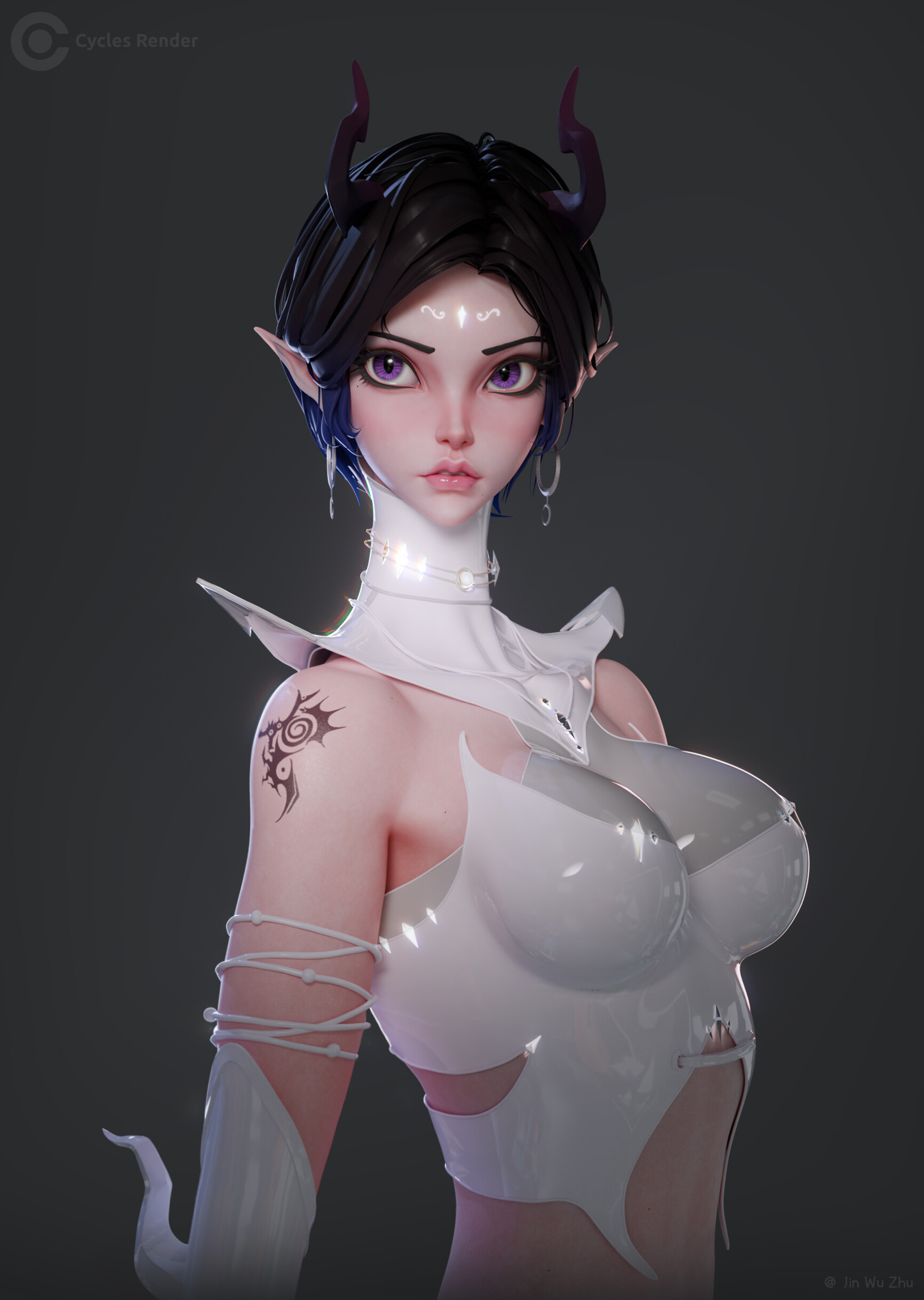 General 1732x2436 Jin WuZhu CGI horns pointy ears shining white clothing simple background tattoo bare shoulders short hair parted lips purple eyes big boobs portrait display moles mole under eye watermarked earring skinny looking at viewer women