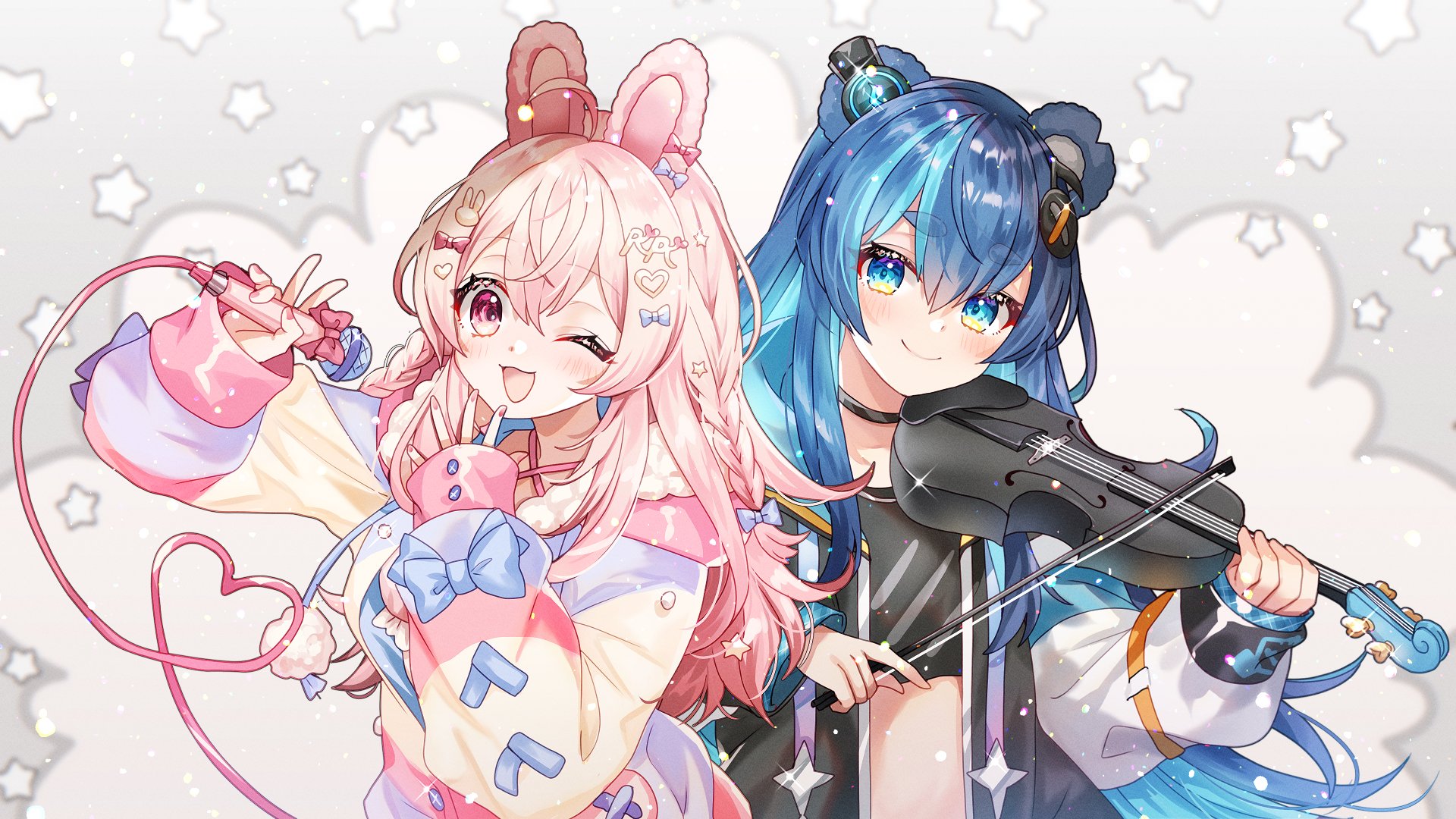 Anime 1920x1080 Phase Connect Fujikura Uruka violin musical instrument smiling pipkin pippa open mouth closed mouth blushing hair between eyes bow tie thick eyebrows sparkles blue hair pink hair gradient eyes pink eyes hair ornament jacket open jacket animal ears microphone stars anime girls