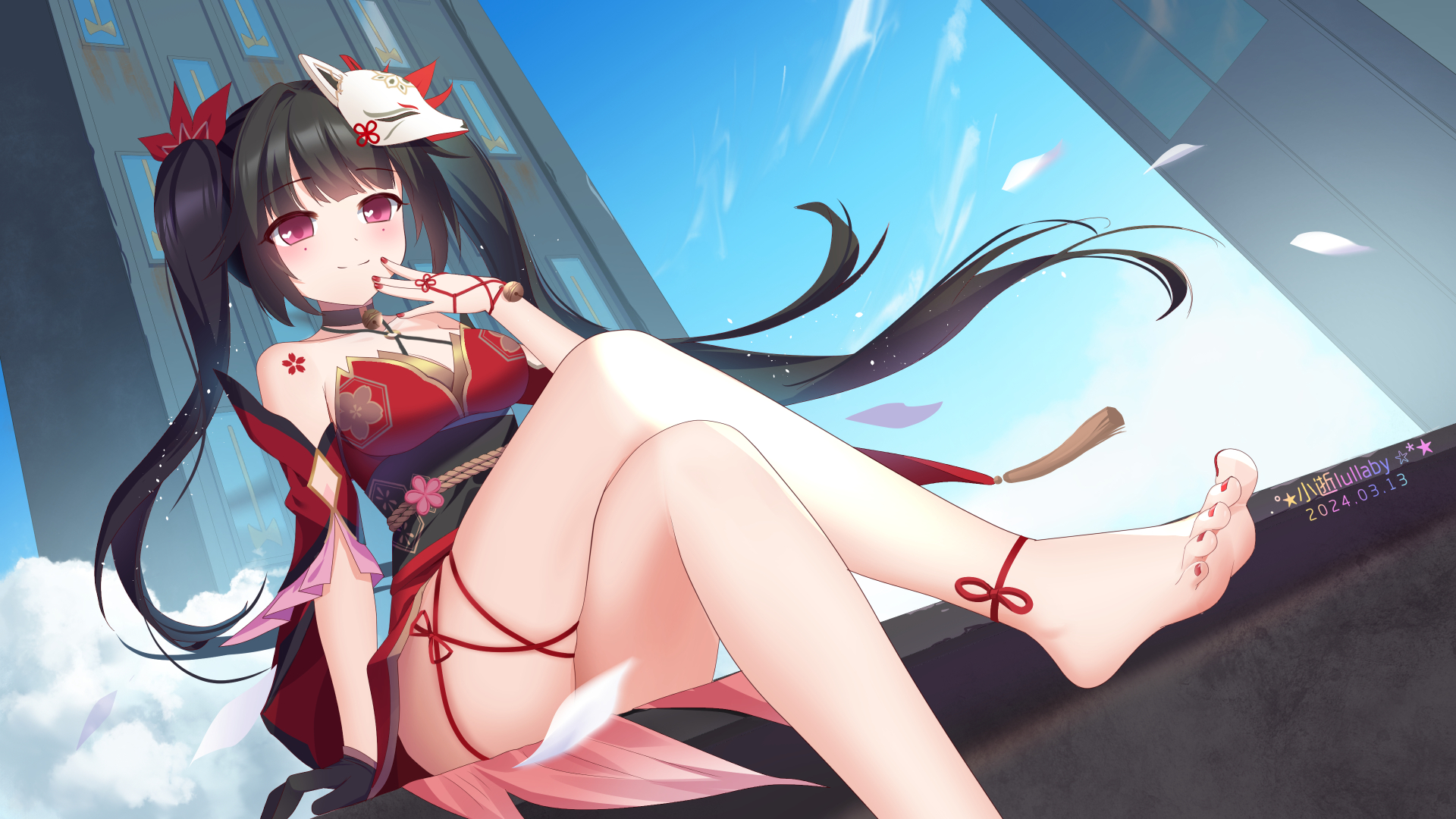 Anime 1920x1080 Honkai: Star Rail Sparkle (Honkai: Star Rail) anime anime games anime girls long hair looking at viewer smiling dark hair pointed toes legs crossed red eyes closed mouth clouds building wind sky bare shoulders gloves missing glove black gloves blushing choker bells signature dated 2024 (year)