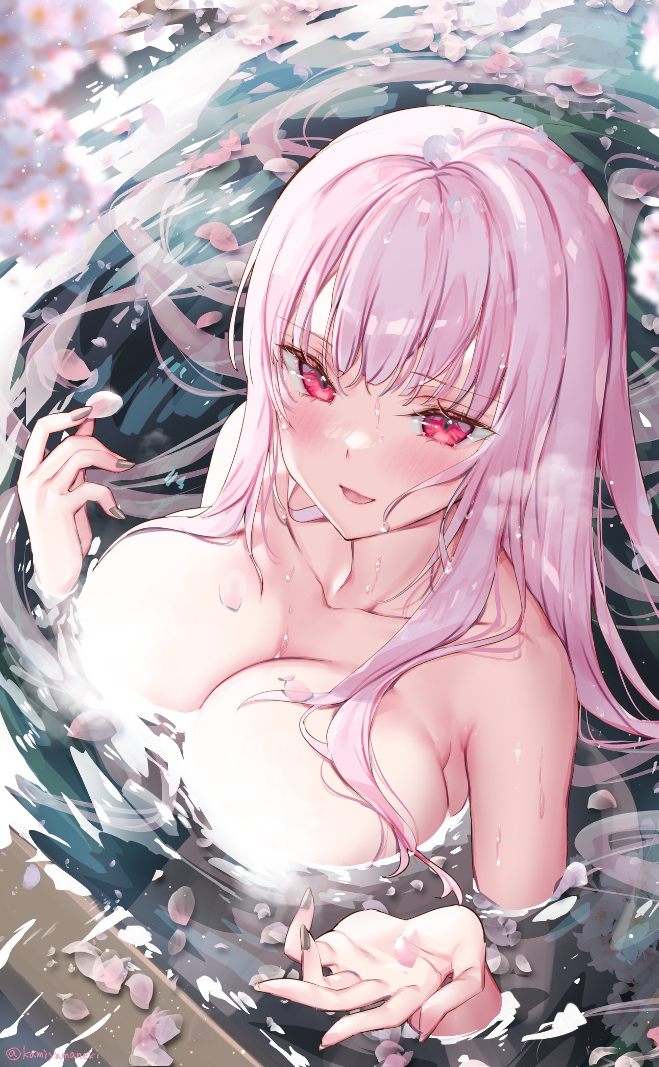 Anime 1291x2088 Hololive Hololive English portrait display pink hair Mori Calliope long hair Virtual Youtuber water looking at viewer wet implied nude topless cherry blossom petals wet hair open mouth huge breasts blushing collarbone black nails purple eyes high angle Kamiya Maneki nude