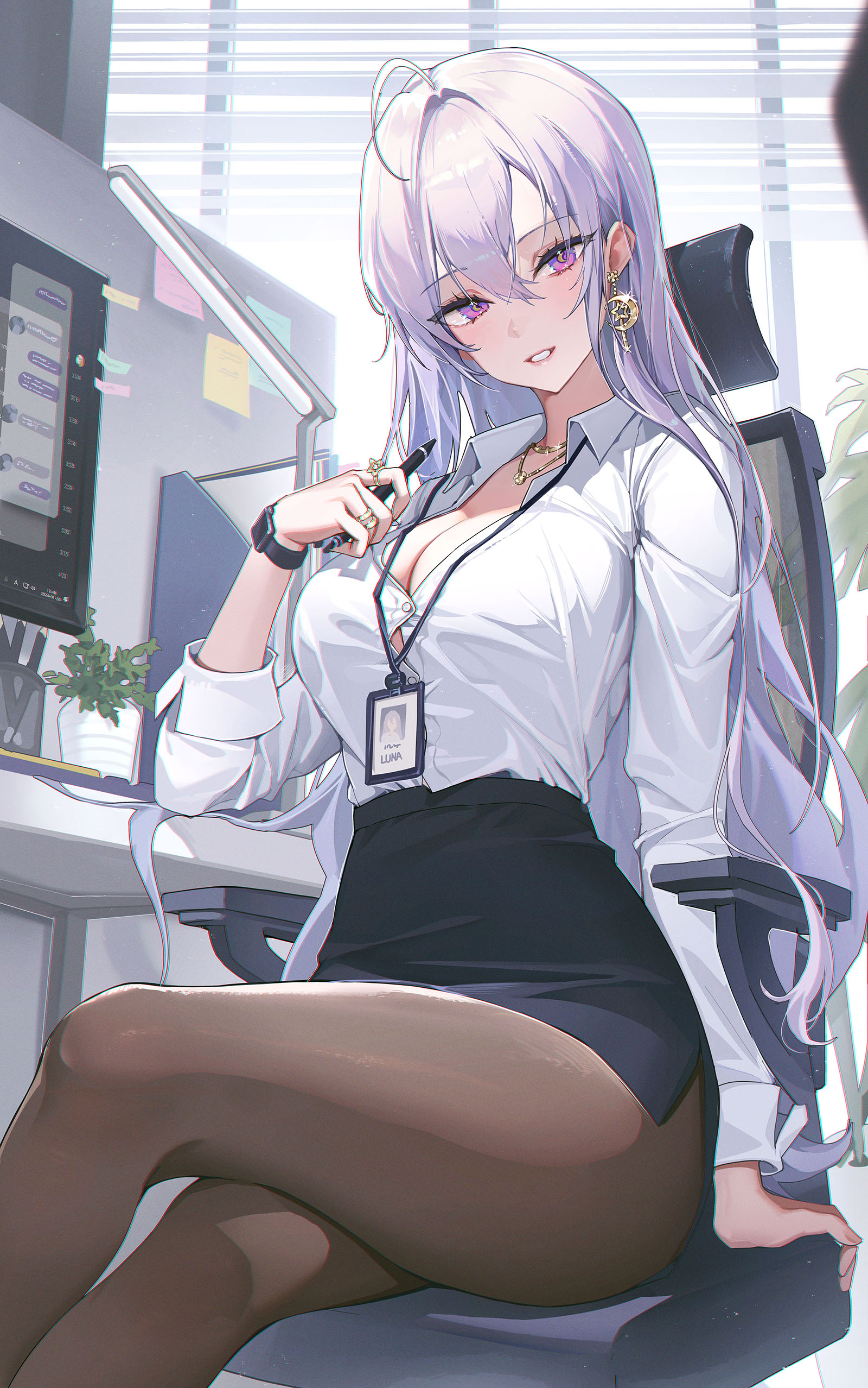 Anime 1600x2556 anime anime girls white hair cleavage cutout looking at viewer pink eyes office office chair blushing fan Service big boobs erotic art  long hair portrait display sitting hair between eyes smiling Ttosom legs crossed rolled sleeves skinny ID card parted lips blinds office girl chair desk monitor pantyhose cleavage ahoge purple hair wristwatch necklace