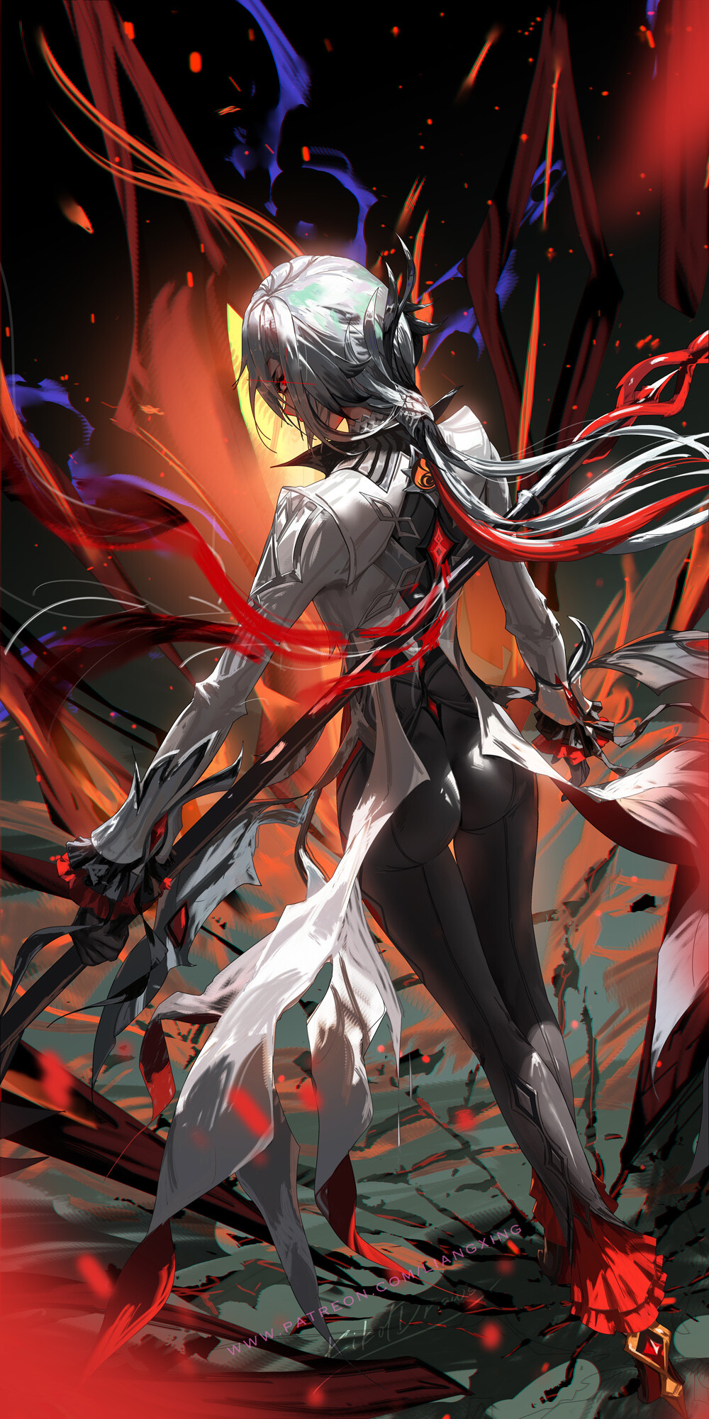 Anime 1000x2000 Jason Liang drawing Arlecchino (Genshin Impact) the gap weapon red looking over shoulder portrait display standing rear view long hair anime girls watermarked looking at viewer ass looking back black gloves gloves walking signature