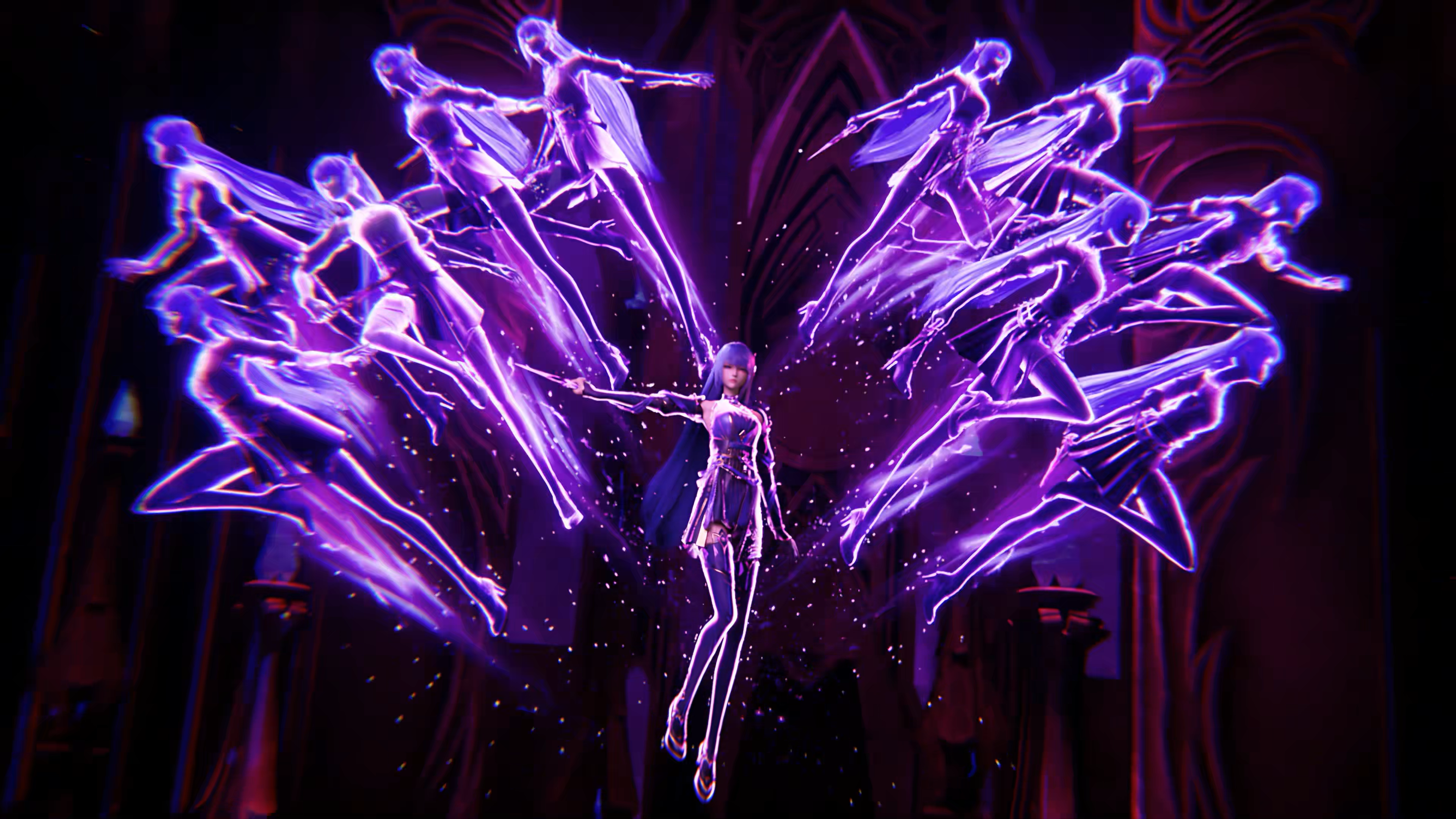General 3840x2160 Shen Yin Wang Zuo flying team purple clothing purple eyes purple hair dark background women fantasy art fantasy girl CGI floating heels sword women with swords long hair