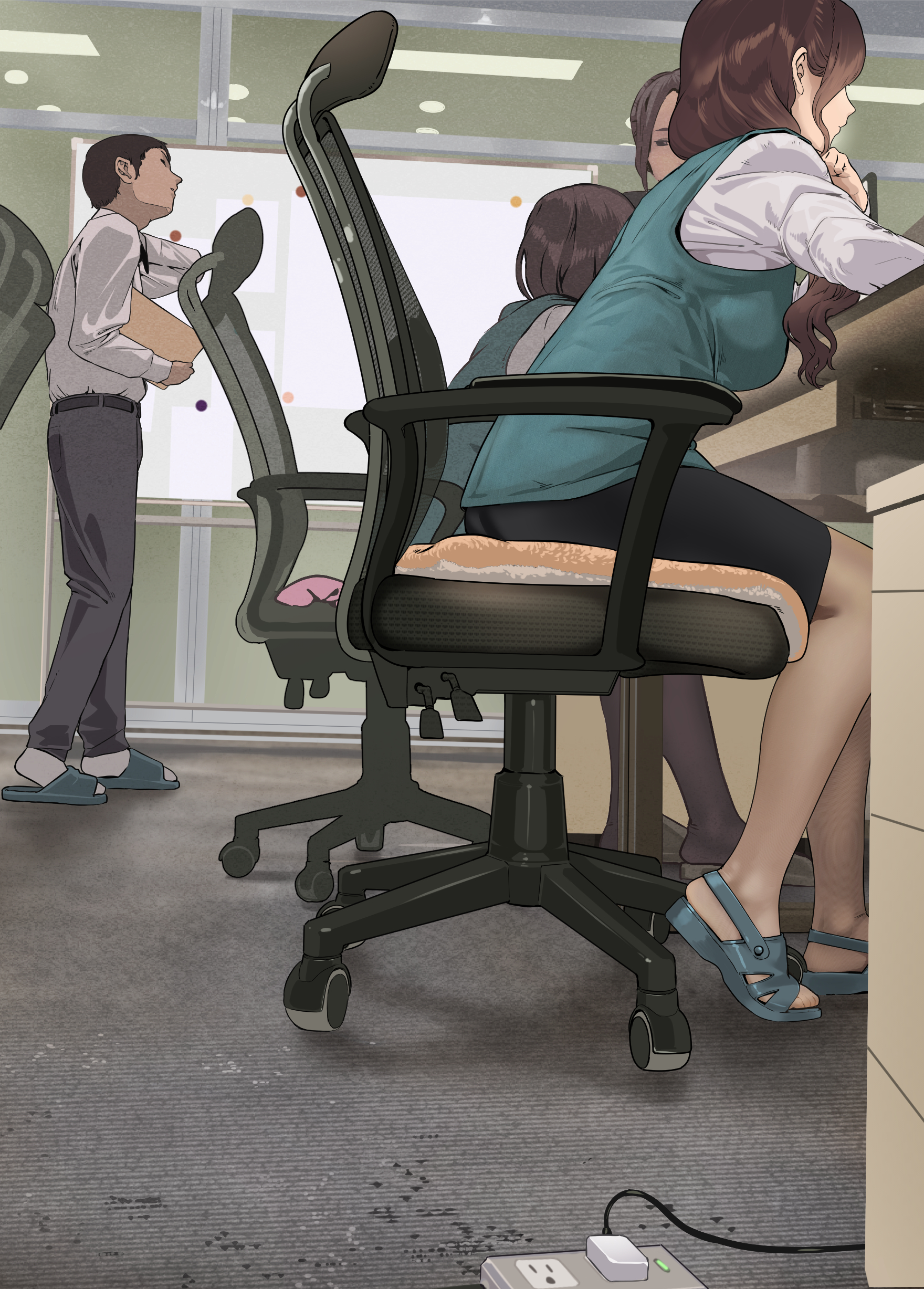 Anime 1760x2455 office girl office sitting office chair working brunette long hair blue clothing black skirts looking at smartphone