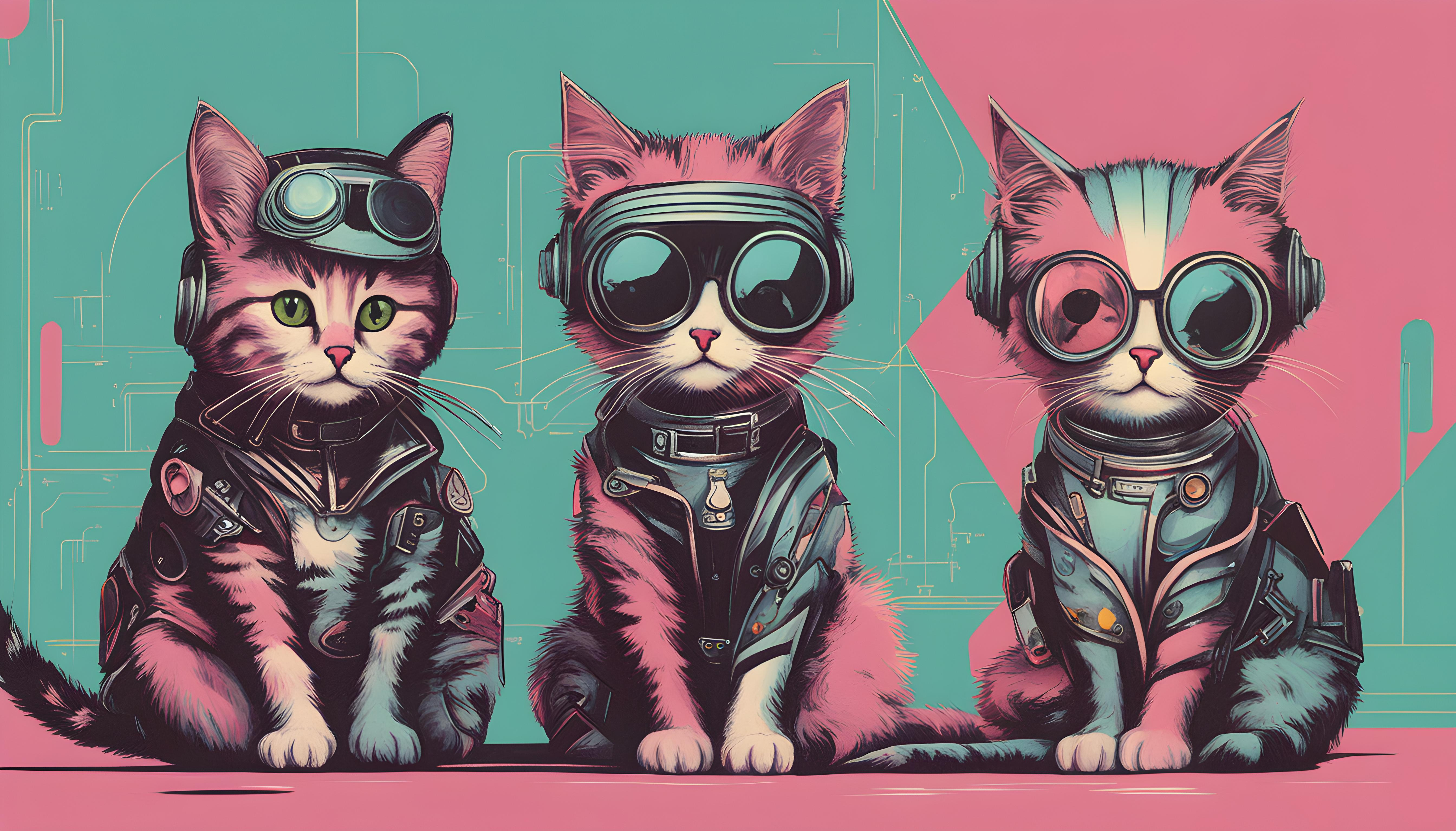 General 5376x3072 AI art retro style futurism cats goggles pink blue punk animals fur whiskers looking at viewer