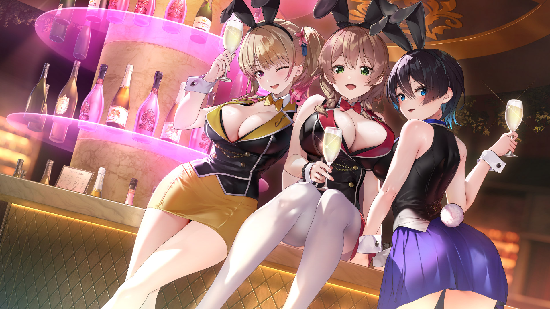 Anime 1920x1080 Bunny Garden bunny ears huge breasts stockings white stockings bottles group of women no bra women trio thigh-highs looking at viewer wink looking back bunny girl women indoors Yamacchi ass bar champagne one eye closed bunny tail cleavage open mouth wine glass smiling cup animal ears
