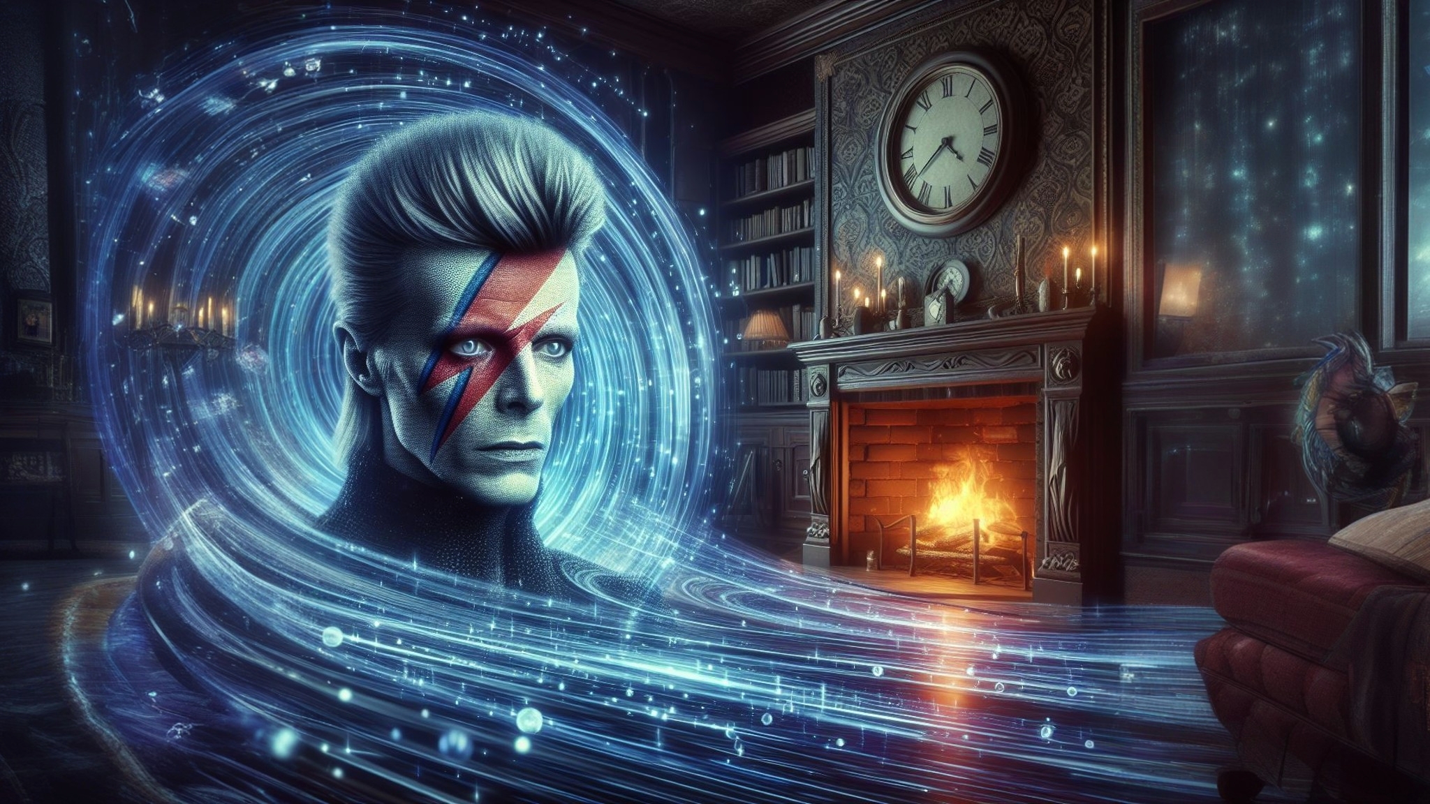 People 2048x1152 David Bowie AI art digital art fantasy art fireplace wormhole