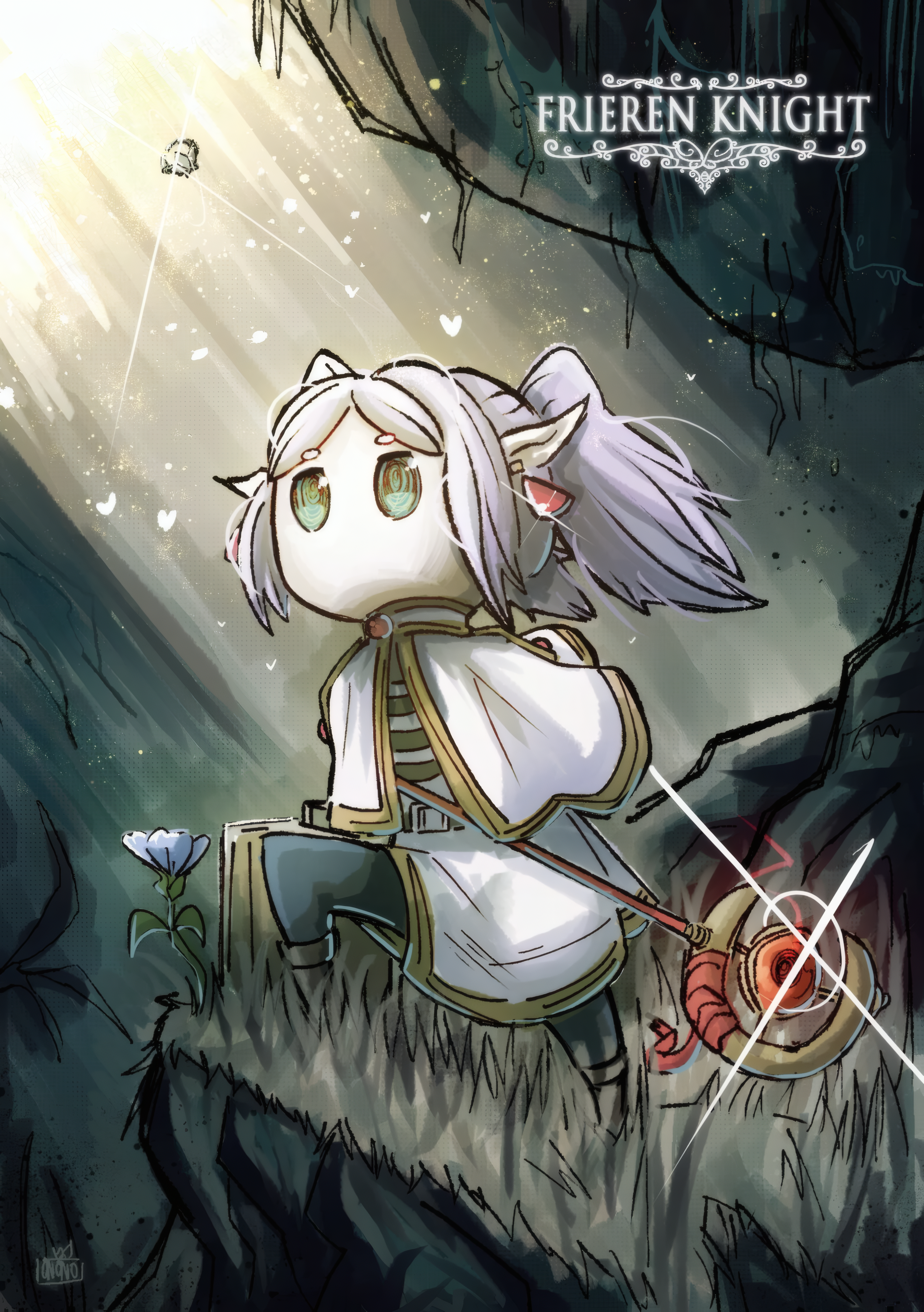 General 3000x4260 Hollow Knight Frieren digital art artwork signature portrait display Sousou No Frieren earring pointy ears twintails looking away staff natural light capelet title
