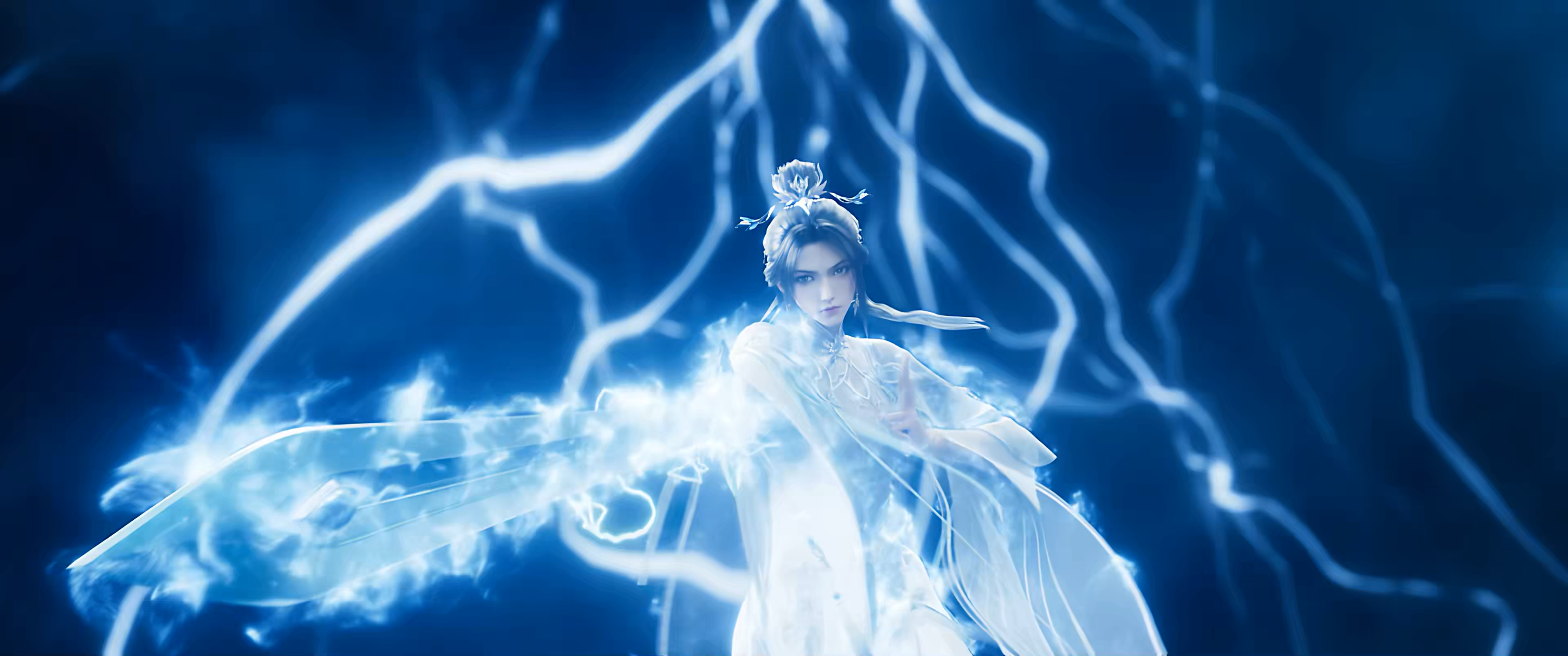 General 3840x1608 Zhu Xian lightning CGI blurry background fantasy girl wide sleeves sword women with swords long sleeves long hair hair ornament earring