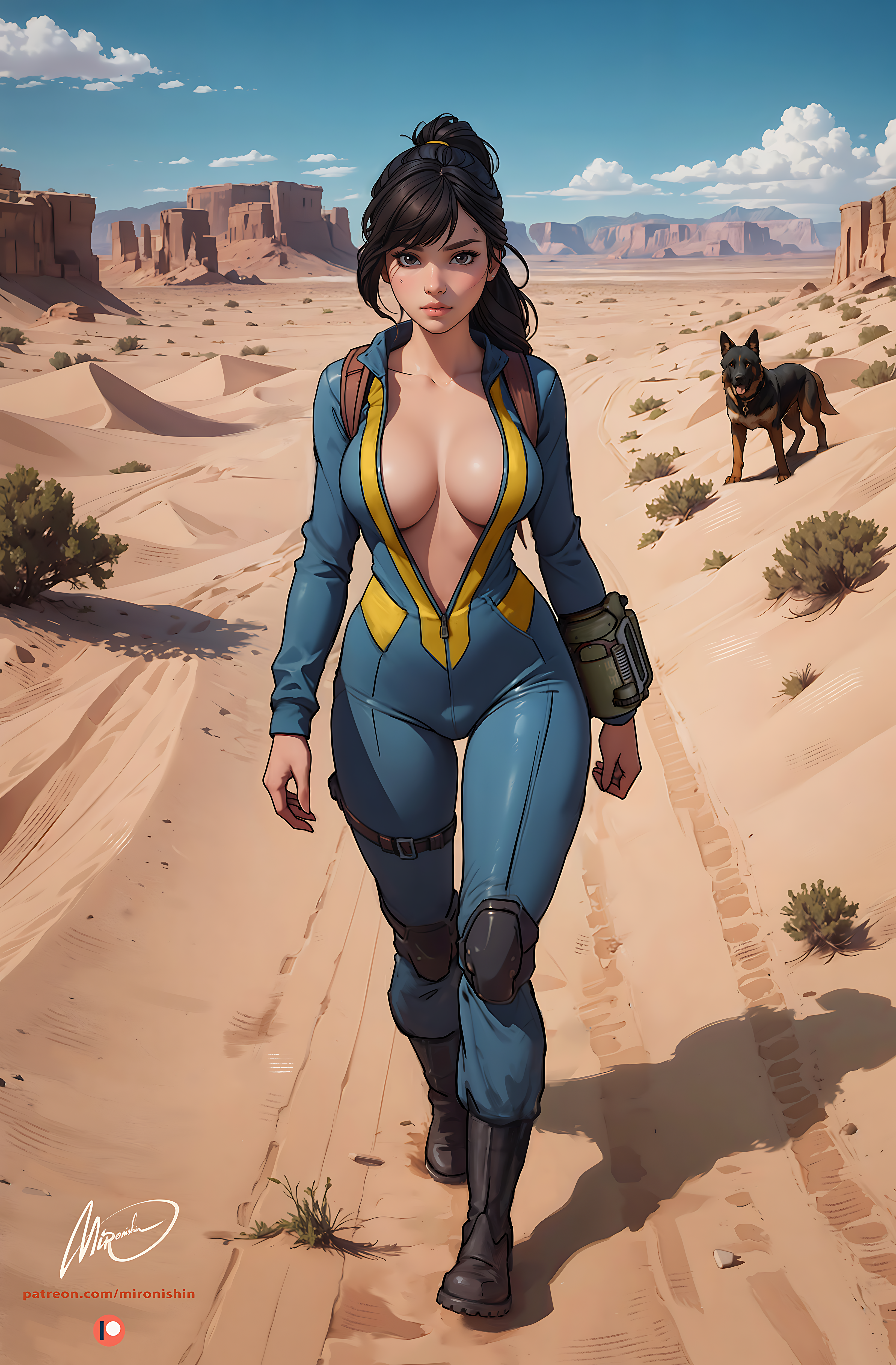 General 3282x5000 Fallout (2024) Fallout video games desert walking cleavage artwork drawing Mironishin Story dog bodysuit sky AI art